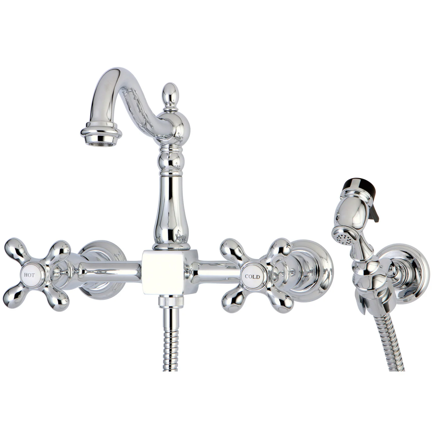 Kingston Heirloom KS1261AXBS - Heritage Two-Handle 3-Hole Wall Mount Bridge Kitchen Faucet with Brass Sprayer, Polished Chrome