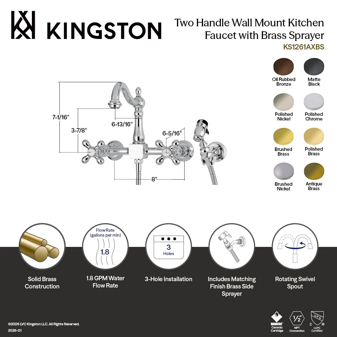 Kingston Heirloom KS1261AXBS - Heritage Two-Handle 3-Hole Wall Mount Bridge Kitchen Faucet with Brass Sprayer, Polished Chrome - Image 10