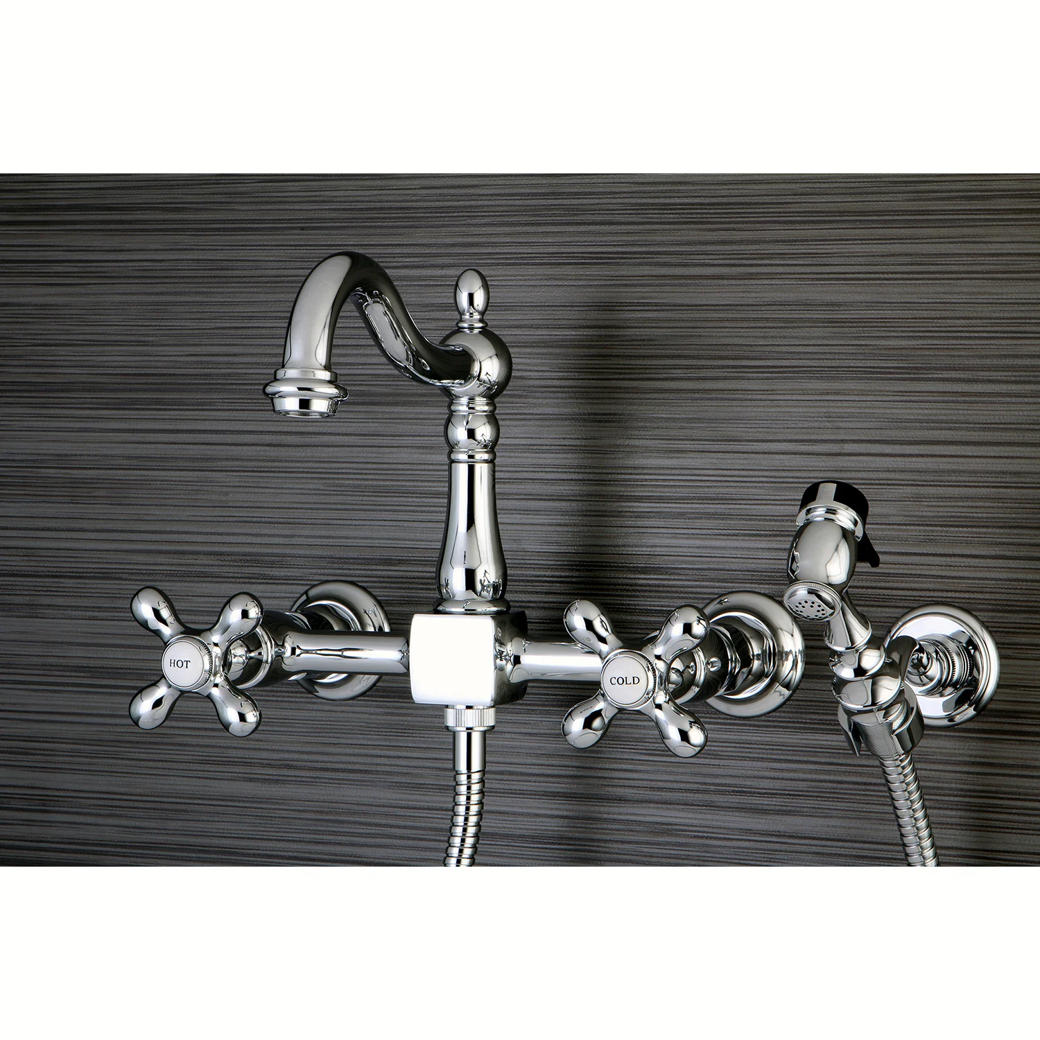 Kingston Heirloom KS1261AXBS - Heritage Two-Handle 3-Hole Wall Mount Bridge Kitchen Faucet with Brass Sprayer, Polished Chrome - Image 2