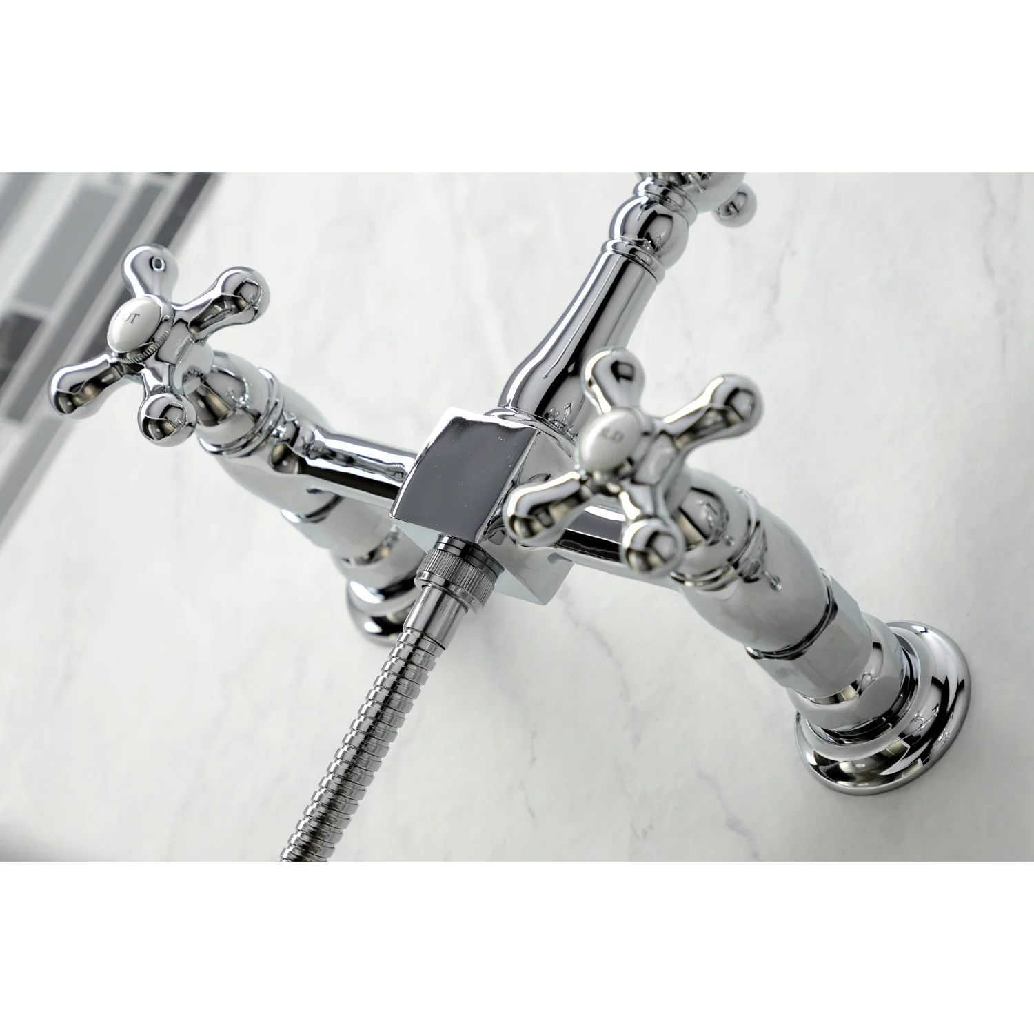 Kingston Heirloom KS1261AXBS - Heritage Two-Handle 3-Hole Wall Mount Bridge Kitchen Faucet with Brass Sprayer, Polished Chrome - Image 4