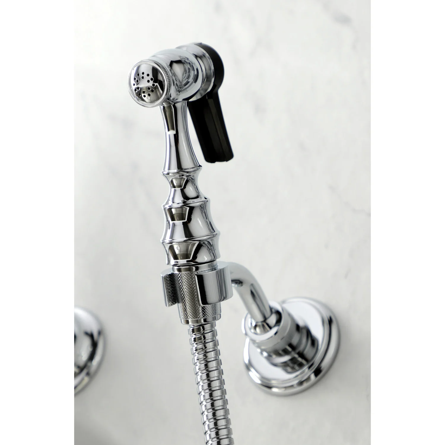 Kingston Heirloom KS1261AXBS - Heritage Two-Handle 3-Hole Wall Mount Bridge Kitchen Faucet with Brass Sprayer, Polished Chrome - Image 5