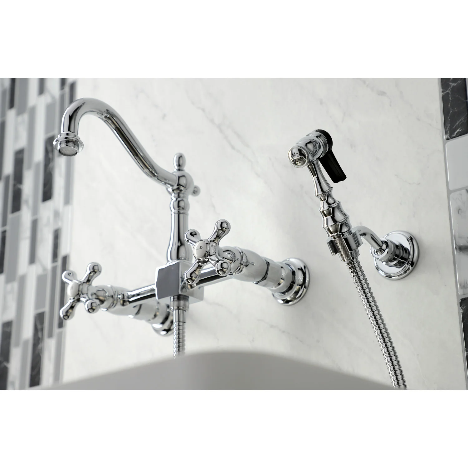 Kingston Heirloom KS1261AXBS - Heritage Two-Handle 3-Hole Wall Mount Bridge Kitchen Faucet with Brass Sprayer, Polished Chrome - Image 7