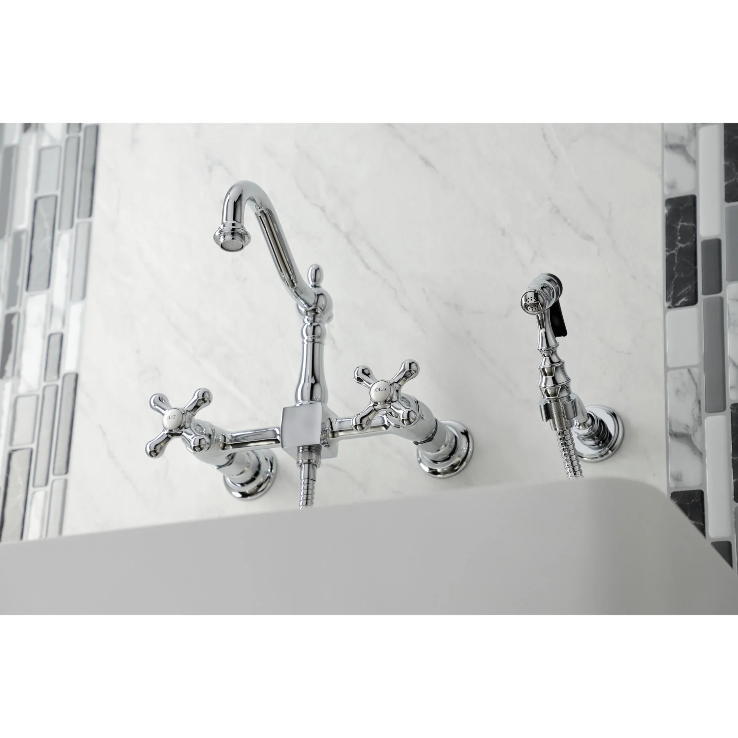 Kingston Heirloom KS1261AXBS - Heritage Two-Handle 3-Hole Wall Mount Bridge Kitchen Faucet with Brass Sprayer, Polished Chrome - Image 8
