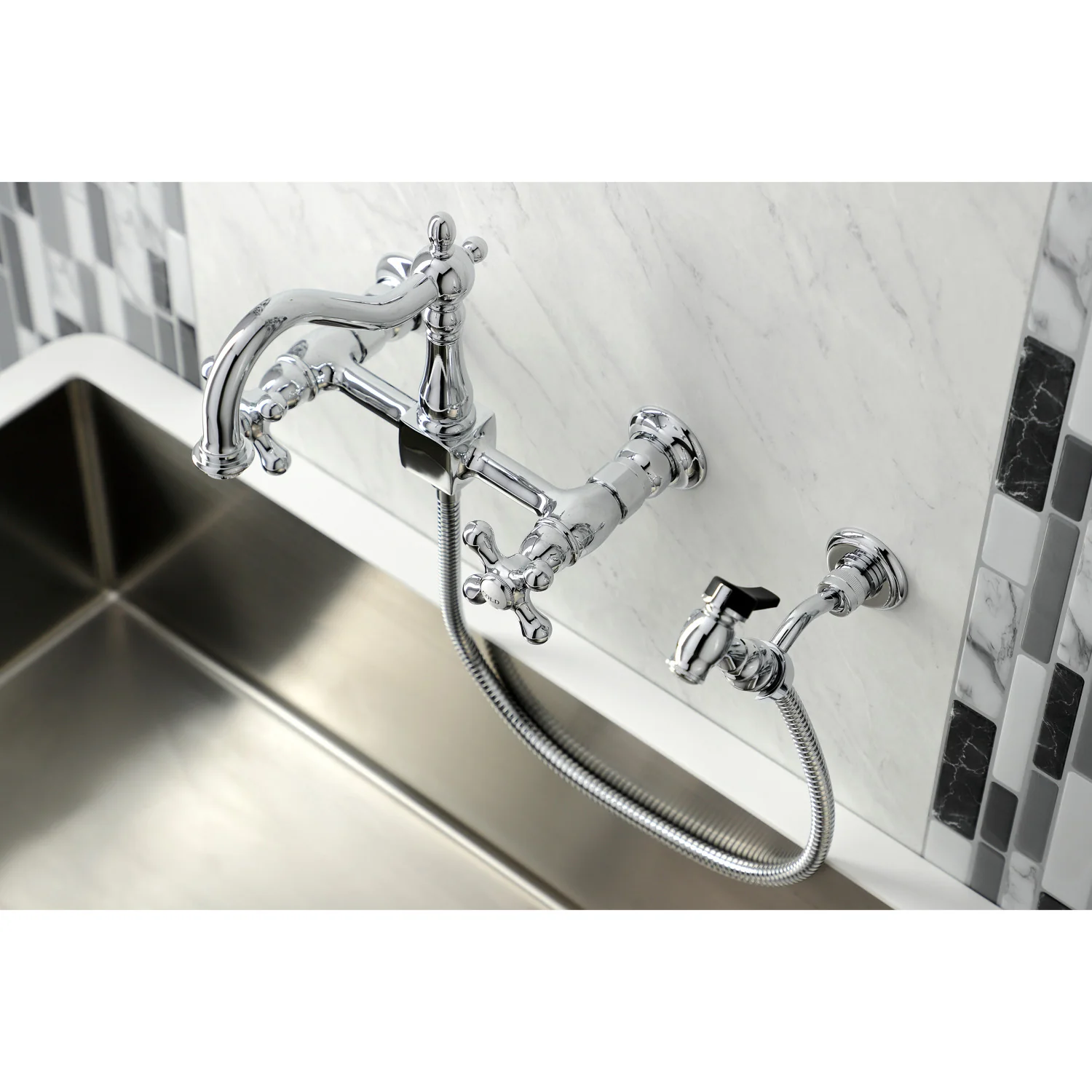 Kingston Heirloom KS1261AXBS - Heritage Two-Handle 3-Hole Wall Mount Bridge Kitchen Faucet with Brass Sprayer, Polished Chrome - Image 9