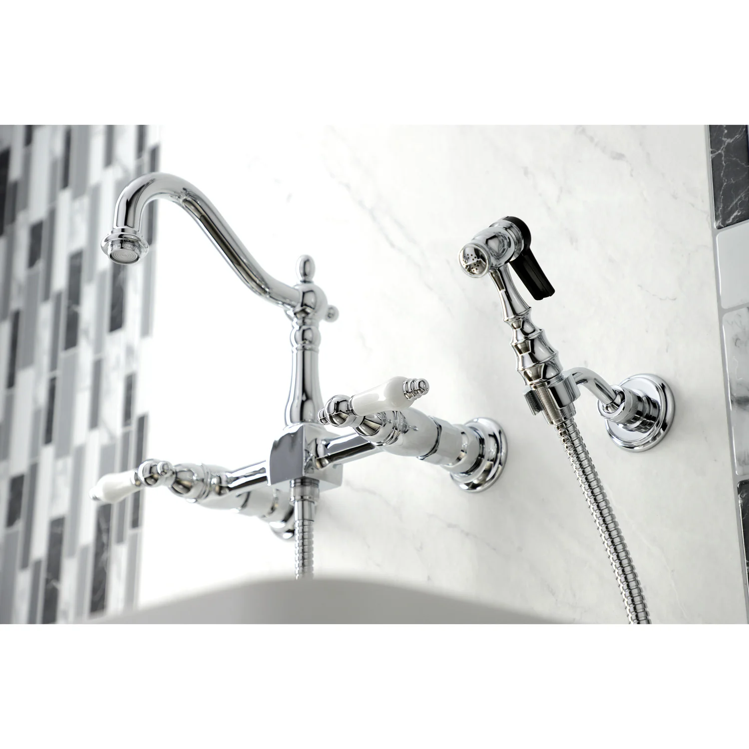 Kingston Heirloom KS1261PLBS - Heritage Two-Handle 3-Hole Wall Mount Bridge Kitchen Faucet with Brass Sprayer, Polished Chrome - Image 7