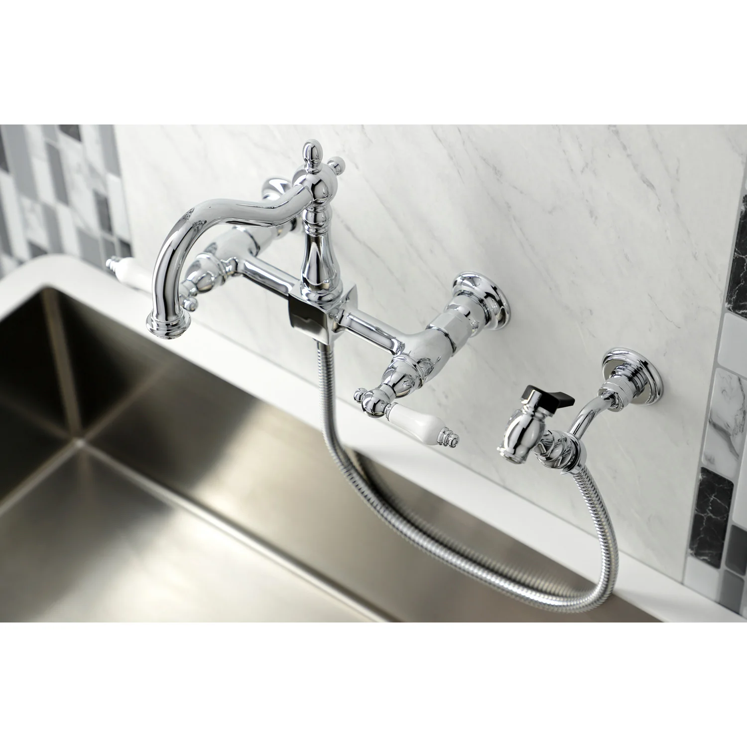 Kingston Heirloom KS1261PLBS - Heritage Two-Handle 3-Hole Wall Mount Bridge Kitchen Faucet with Brass Sprayer, Polished Chrome - Image 9