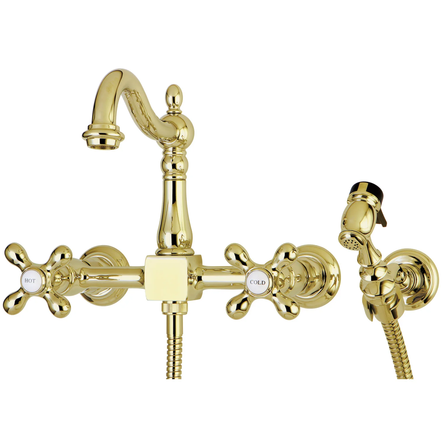 Kingston Heirloom KS1262AXBS - Heritage Two-Handle 3-Hole Wall Mount Bridge Kitchen Faucet with Brass Sprayer, Polished Brass