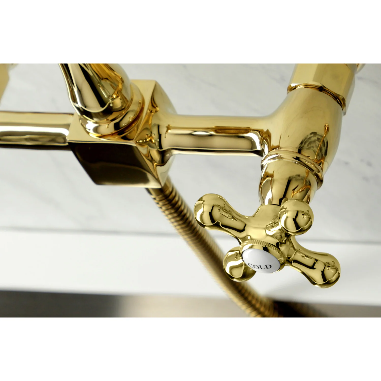 Kingston Heirloom KS1262AXBS - Heritage Two-Handle 3-Hole Wall Mount Bridge Kitchen Faucet with Brass Sprayer, Polished Brass - Image 2
