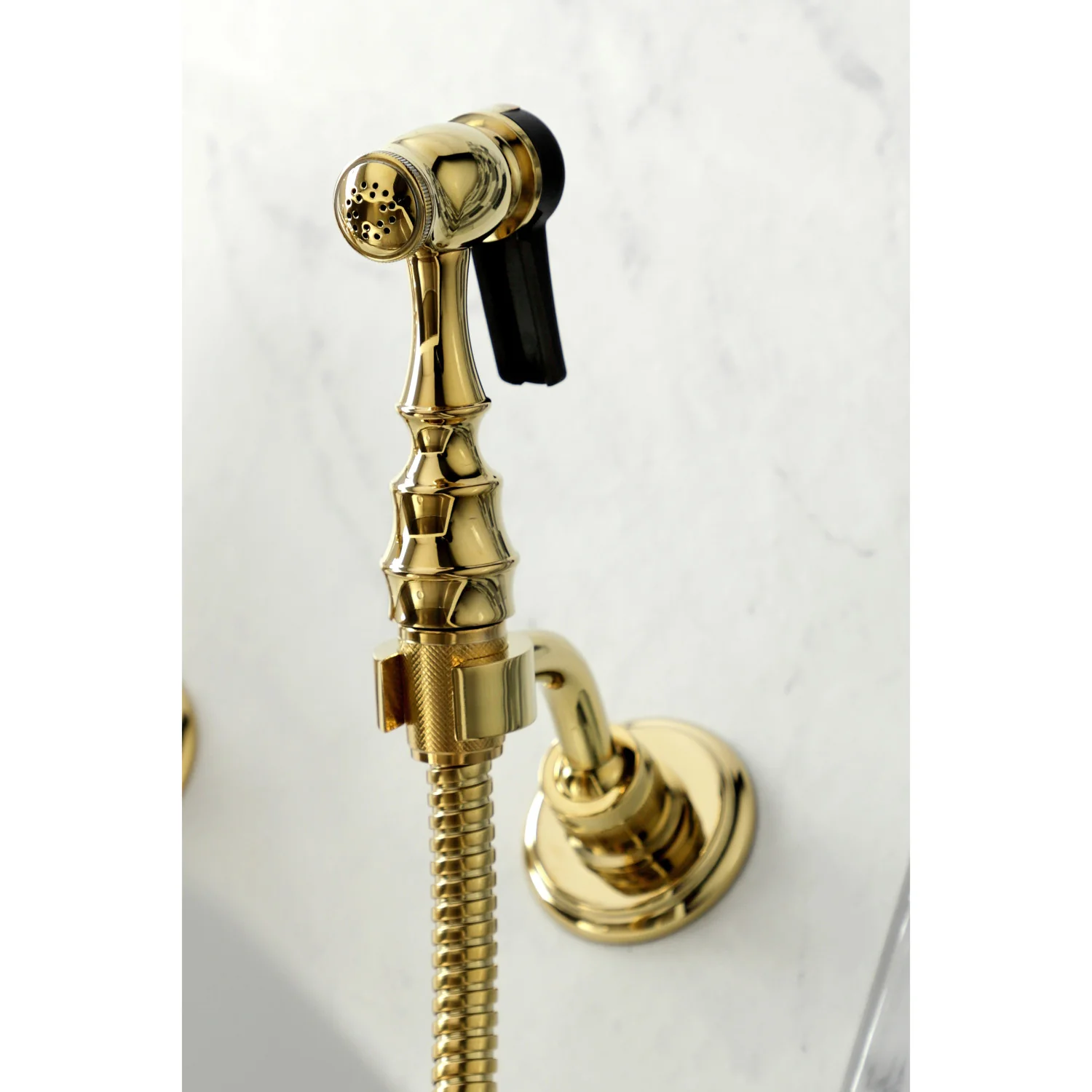 Kingston Heirloom KS1262AXBS - Heritage Two-Handle 3-Hole Wall Mount Bridge Kitchen Faucet with Brass Sprayer, Polished Brass - Image 4