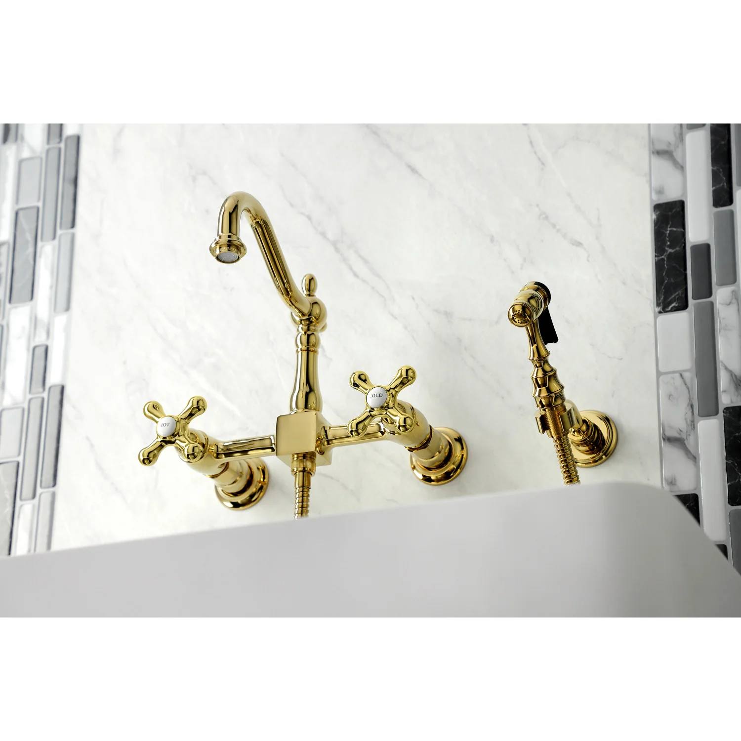 Kingston Heirloom KS1262AXBS - Heritage Two-Handle 3-Hole Wall Mount Bridge Kitchen Faucet with Brass Sprayer, Polished Brass - Image 6