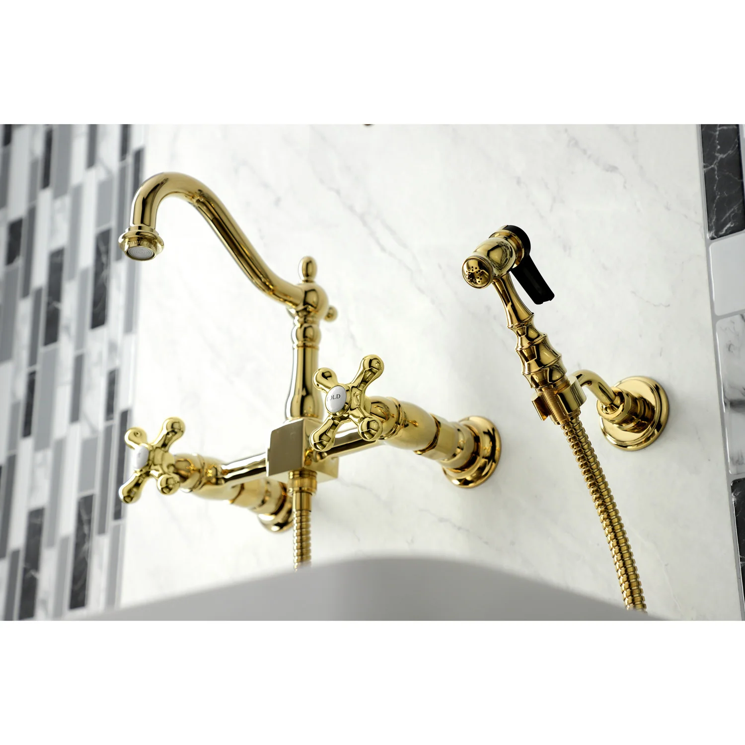 Kingston Heirloom KS1262AXBS - Heritage Two-Handle 3-Hole Wall Mount Bridge Kitchen Faucet with Brass Sprayer, Polished Brass - Image 7