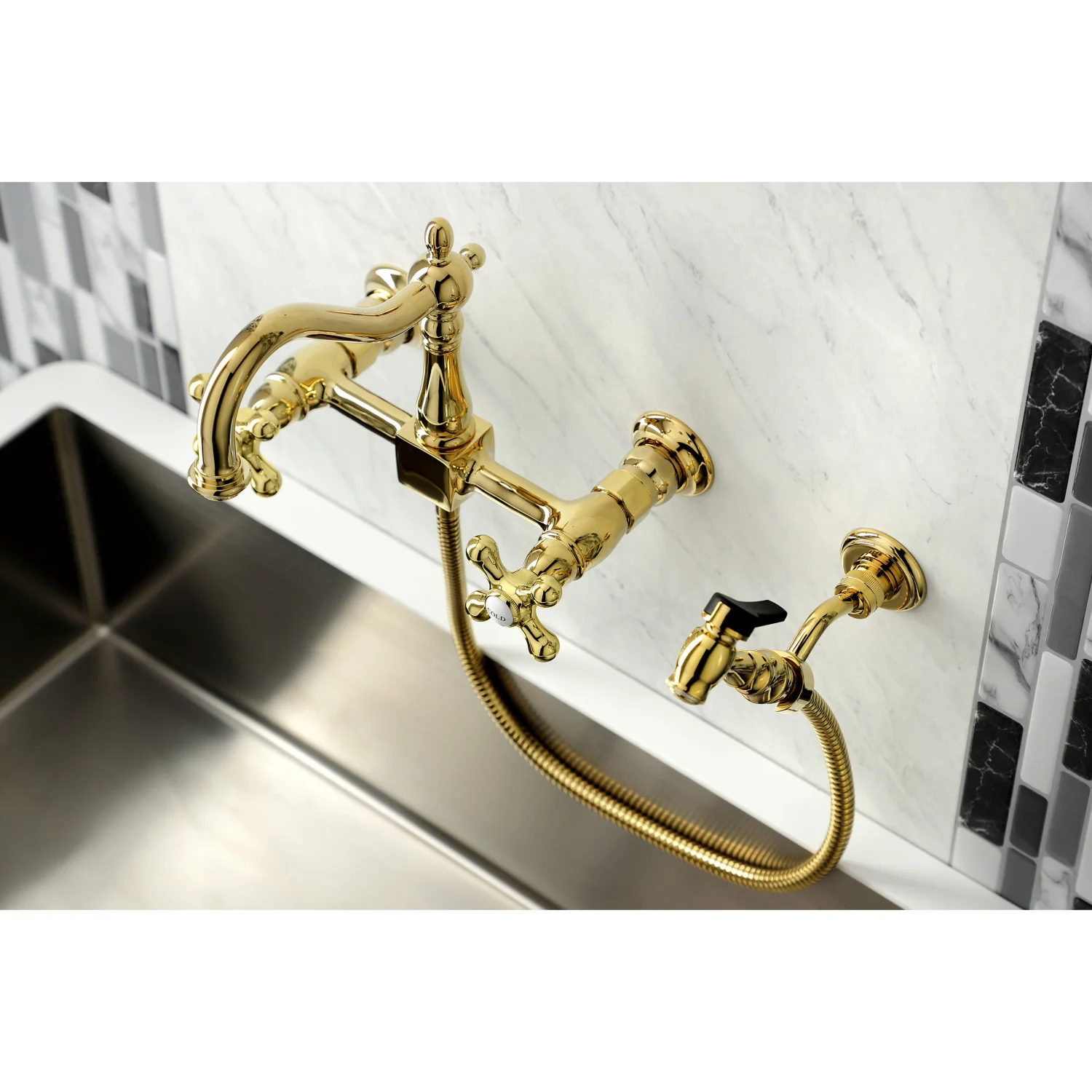 Kingston Heirloom KS1262AXBS - Heritage Two-Handle 3-Hole Wall Mount Bridge Kitchen Faucet with Brass Sprayer, Polished Brass - Image 8