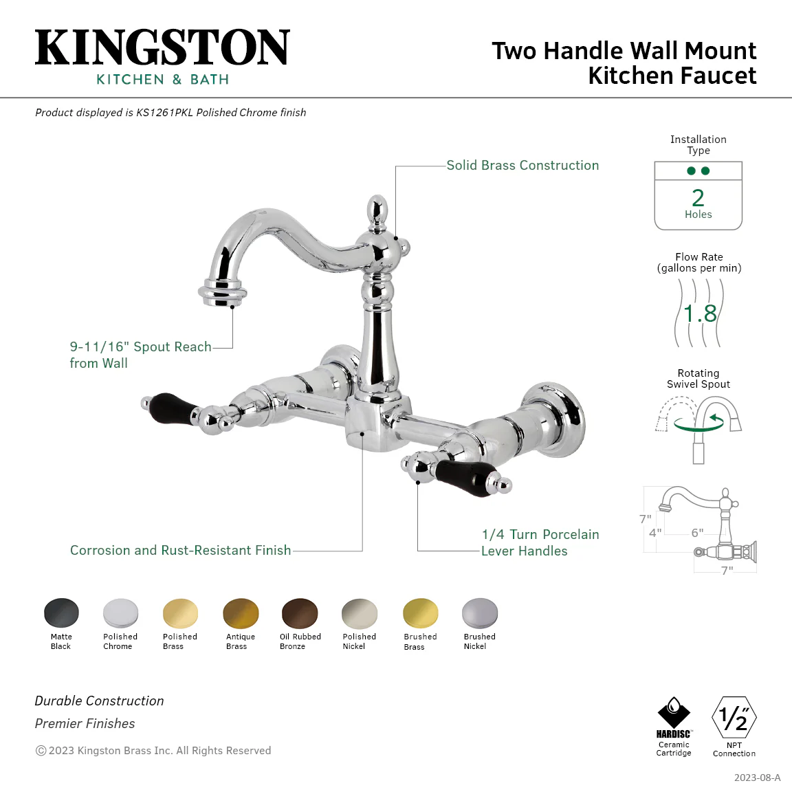 Kingston Heirloom KS1262PKL - Duchess Two-Handle 2-Hole Wall Mount Bridge Kitchen Faucet, Polished Brass - Image 2