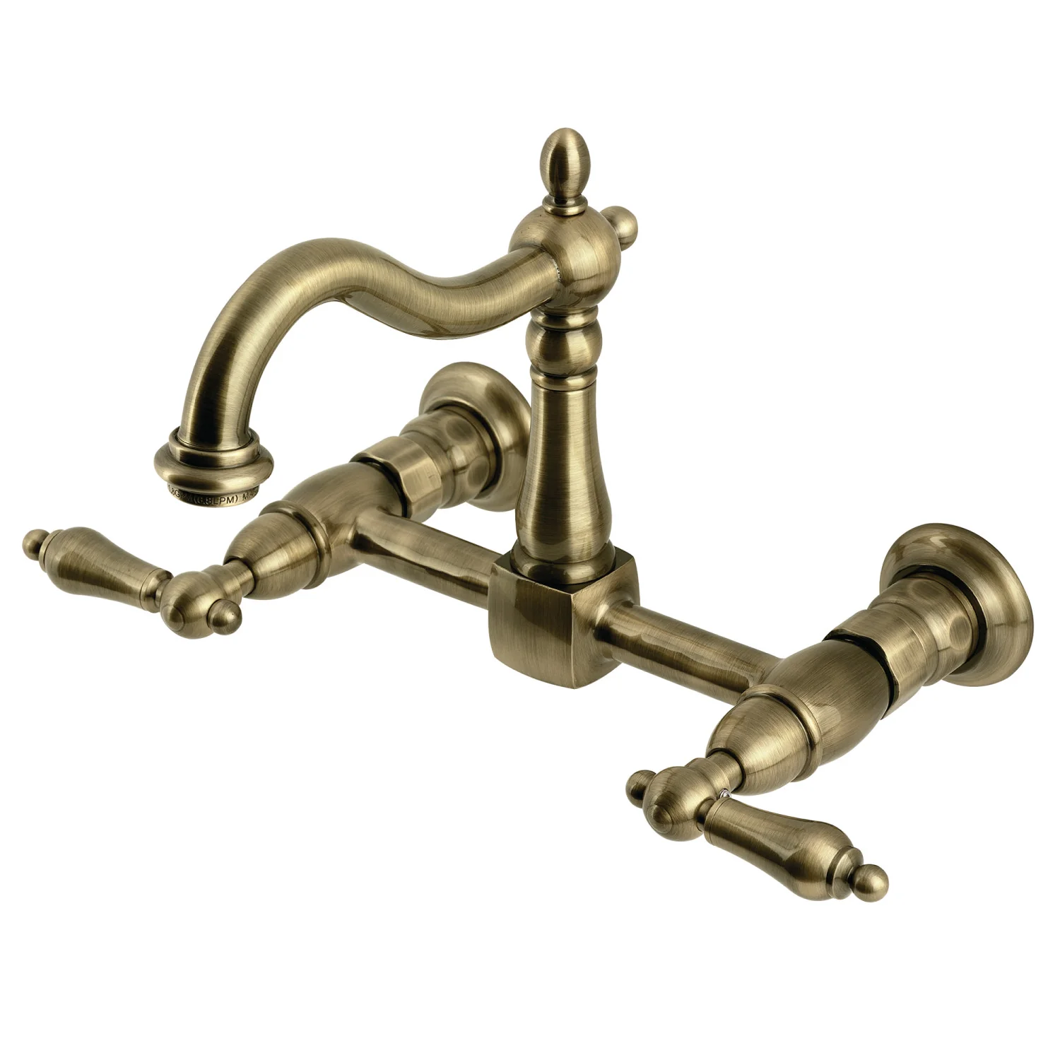Kingston Heirloom KS1263AL - Heritage Two-Handle 2-Hole Wall Mount Bridge Kitchen Faucet, Antique Brass
