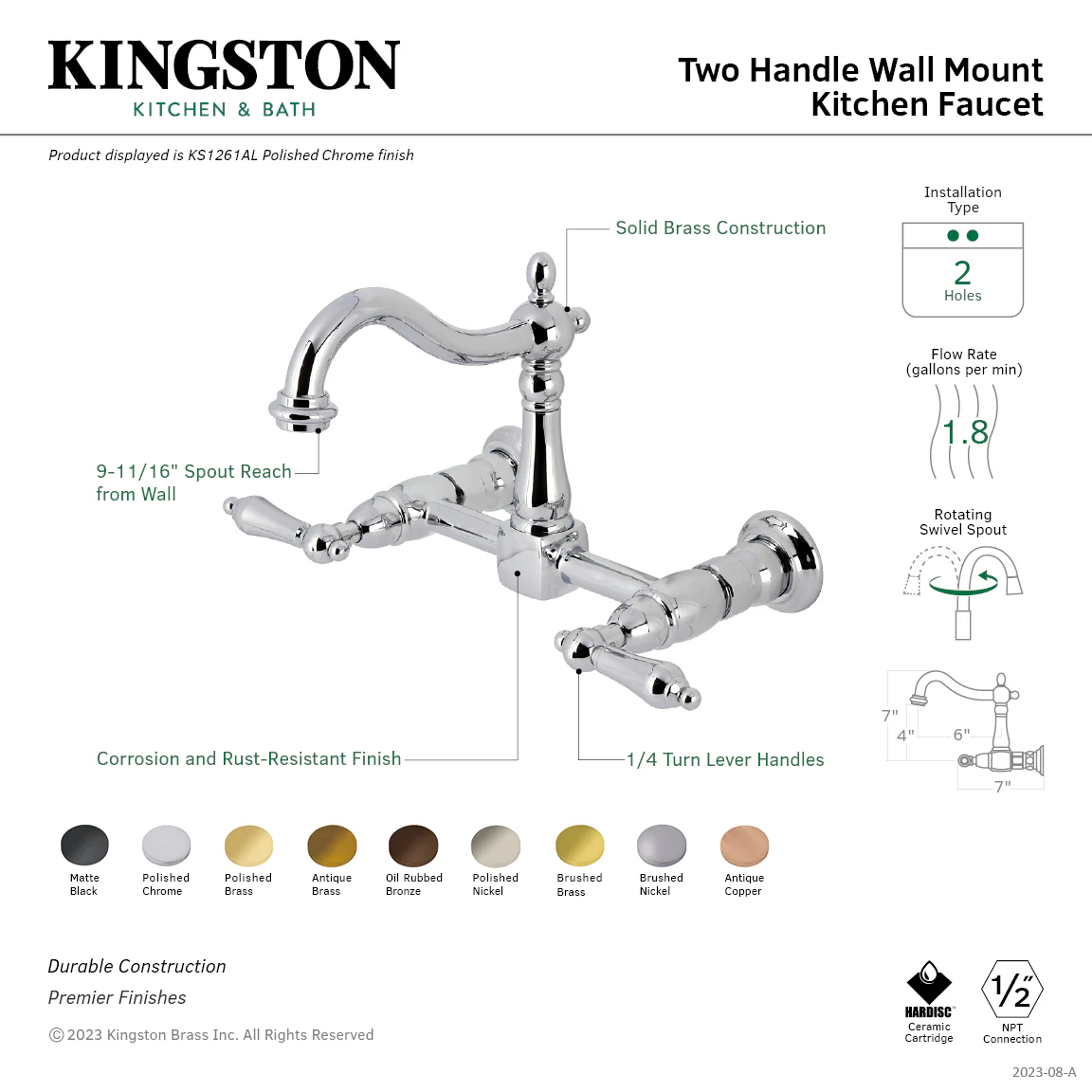 Kingston Heirloom KS1263AL - Heritage Two-Handle 2-Hole Wall Mount Bridge Kitchen Faucet, Antique Brass - Image 2