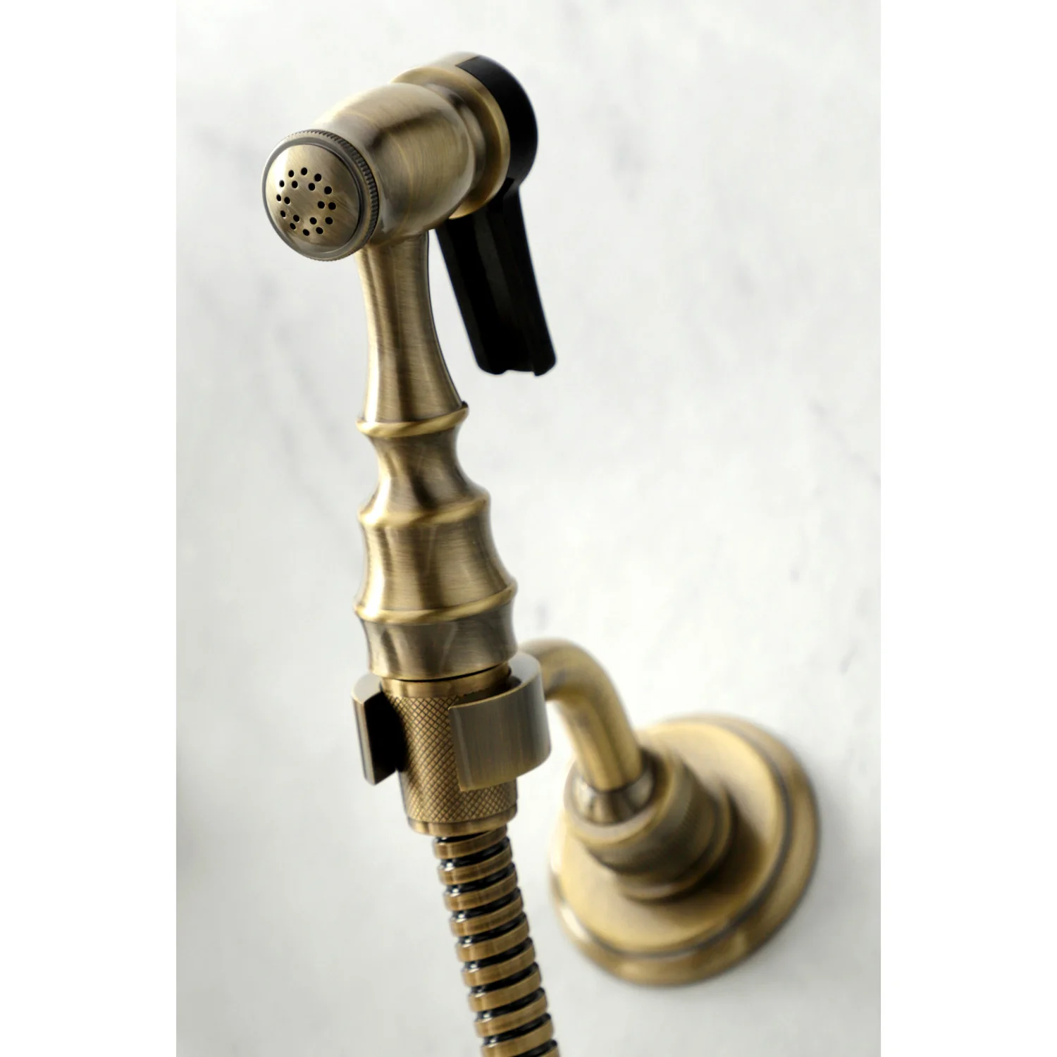 Kingston Heirloom KS1263ALBS - Heritage Two-Handle 3-Hole Wall Mount Bridge Kitchen Faucet with Brass Sprayer, Antique Brass - Image 4