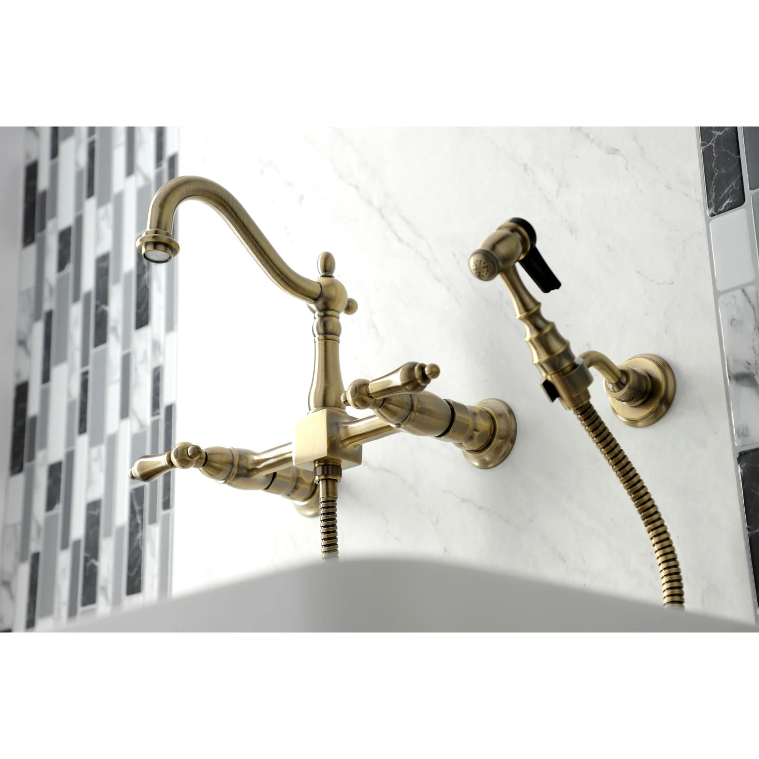 Kingston Heirloom KS1263ALBS - Heritage Two-Handle 3-Hole Wall Mount Bridge Kitchen Faucet with Brass Sprayer, Antique Brass - Image 6