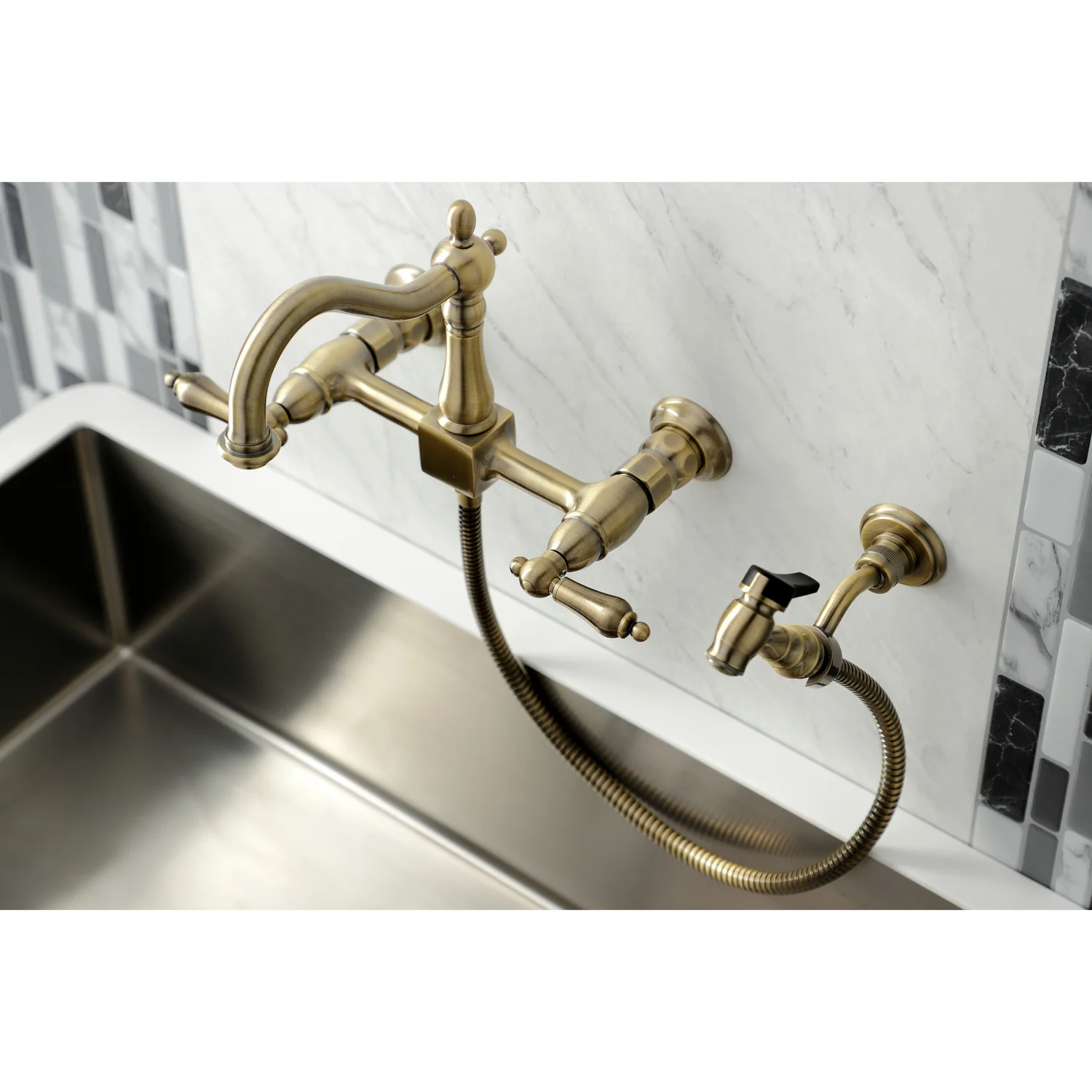 Kingston Heirloom KS1263ALBS - Heritage Two-Handle 3-Hole Wall Mount Bridge Kitchen Faucet with Brass Sprayer, Antique Brass - Image 8