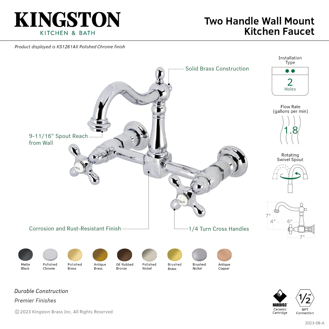 Kingston Heirloom KS1263AX - Heritage Two-Handle 2-Hole Wall Mount Bridge Kitchen Faucet, Antique Brass - Image 2