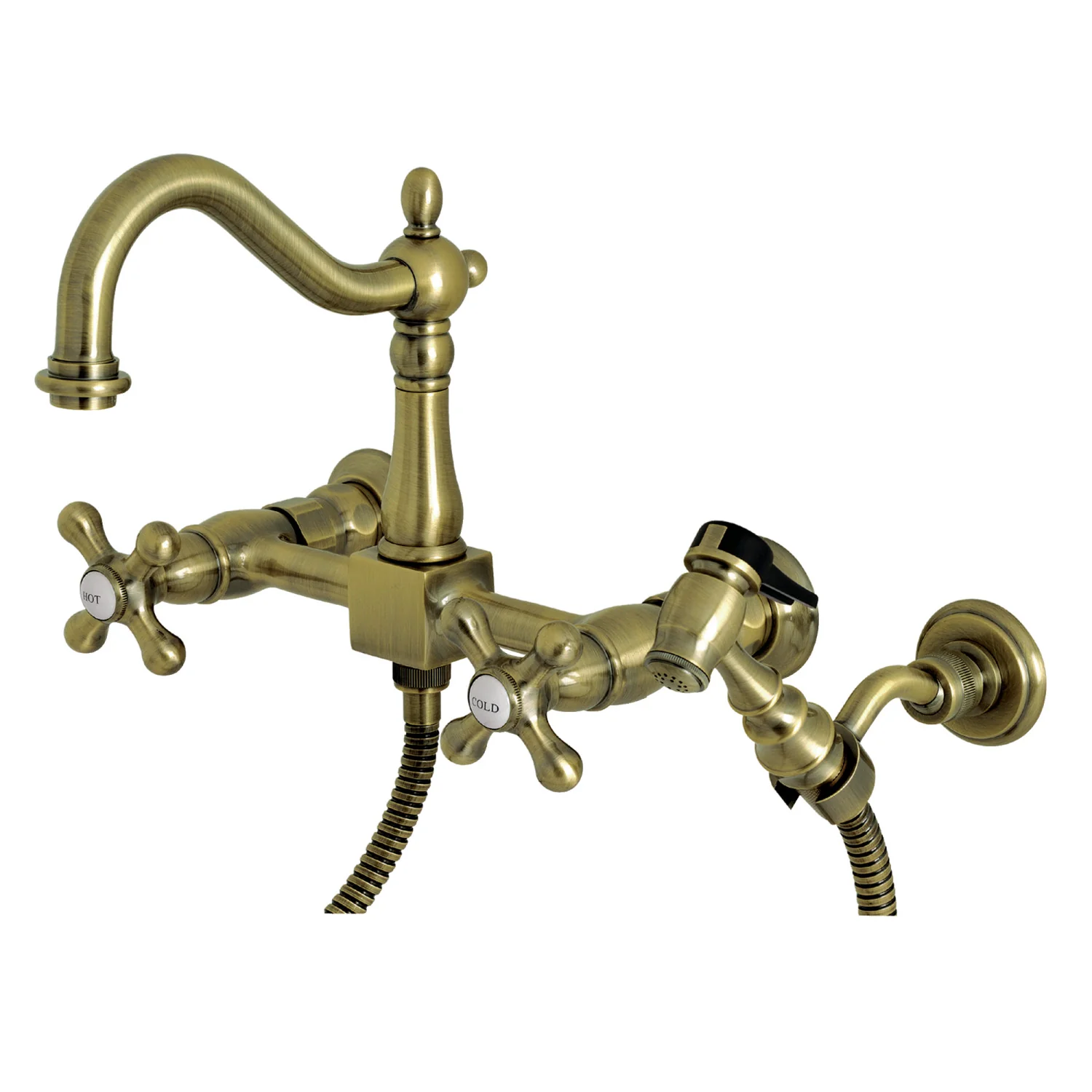 Kingston Heirloom KS1263AXBS - Heritage Two-Handle 3-Hole Wall Mount Bridge Kitchen Faucet with Brass Sprayer, Antique Brass