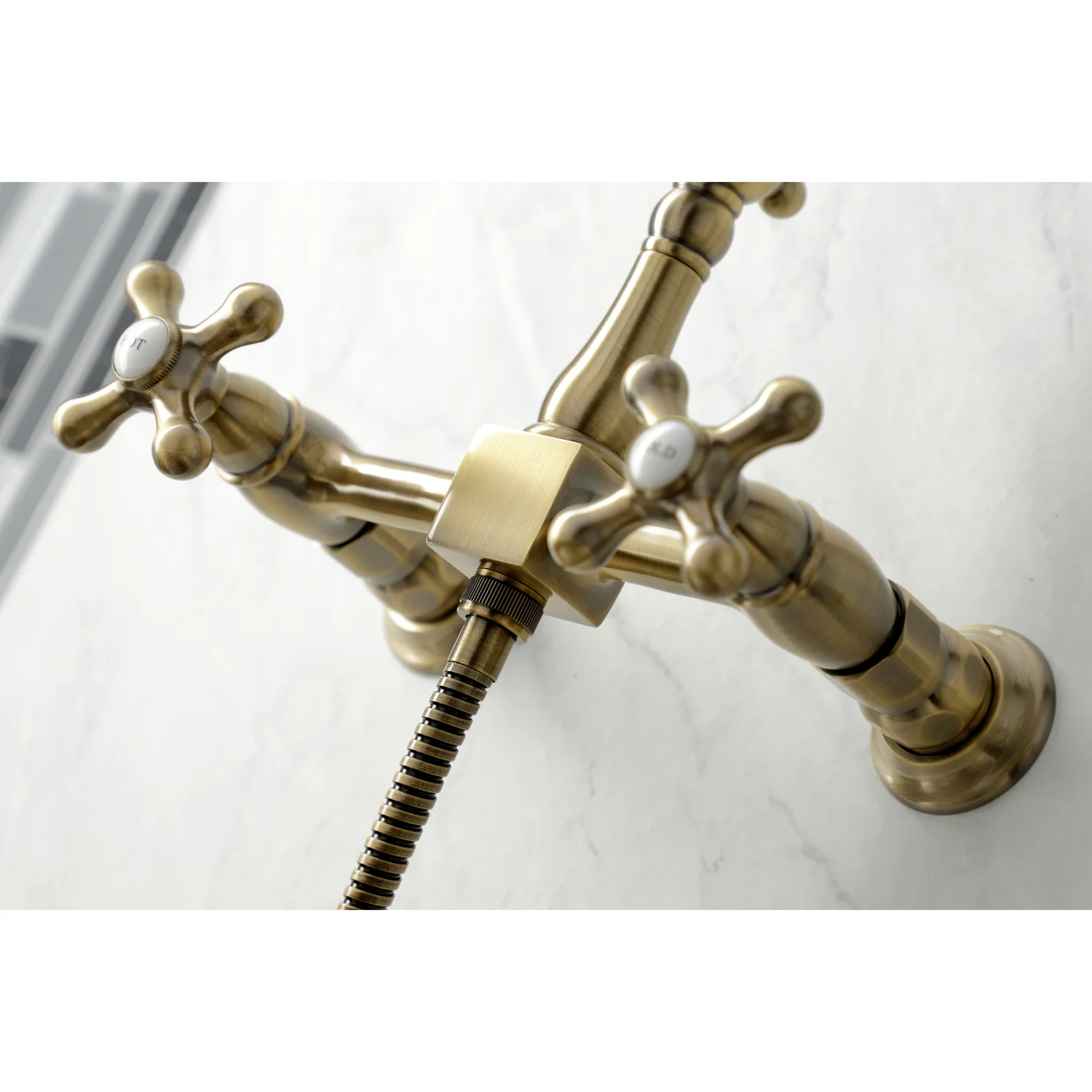 Kingston Heirloom KS1263AXBS - Heritage Two-Handle 3-Hole Wall Mount Bridge Kitchen Faucet with Brass Sprayer, Antique Brass - Image 4