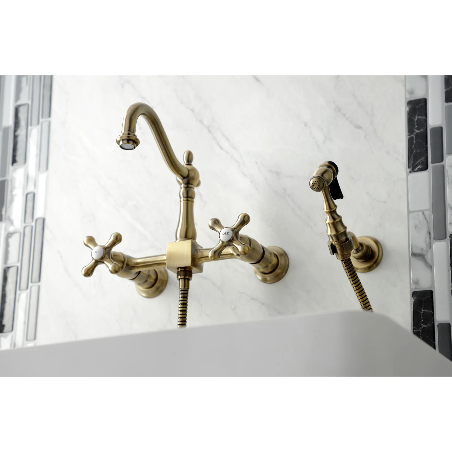 Kingston Heirloom KS1263AXBS - Heritage Two-Handle 3-Hole Wall Mount Bridge Kitchen Faucet with Brass Sprayer, Antique Brass - Image 7