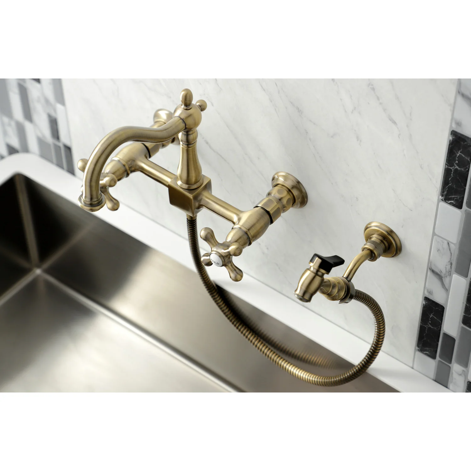 Kingston Heirloom KS1263AXBS - Heritage Two-Handle 3-Hole Wall Mount Bridge Kitchen Faucet with Brass Sprayer, Antique Brass - Image 8