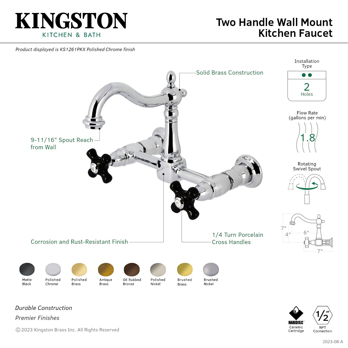 Kingston Heirloom KS1263PKX - Duchess Two-Handle 2-Hole Wall Mount Bridge Kitchen Faucet, Antique Brass - Image 2