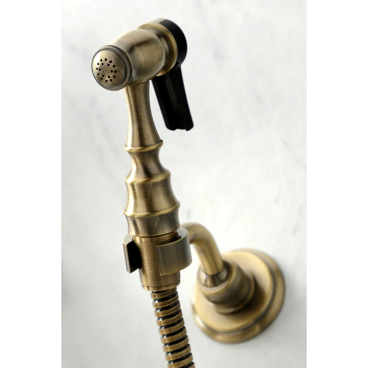 Kingston Heirloom KS1263PLBS - Heritage Two-Handle 3-Hole Wall Mount Bridge Kitchen Faucet with Brass Sprayer, Antique Brass - Image 5