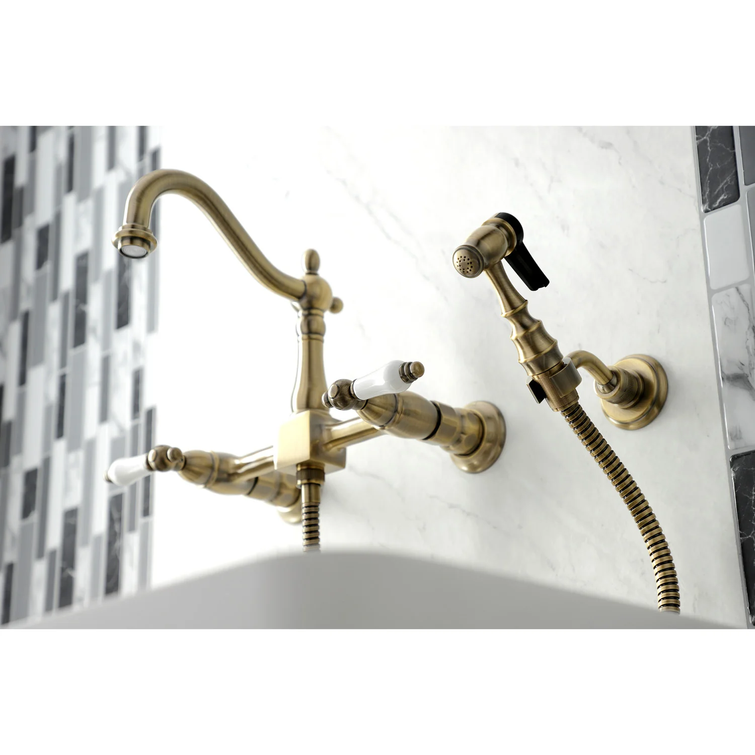 Kingston Heirloom KS1263PLBS - Heritage Two-Handle 3-Hole Wall Mount Bridge Kitchen Faucet with Brass Sprayer, Antique Brass - Image 6