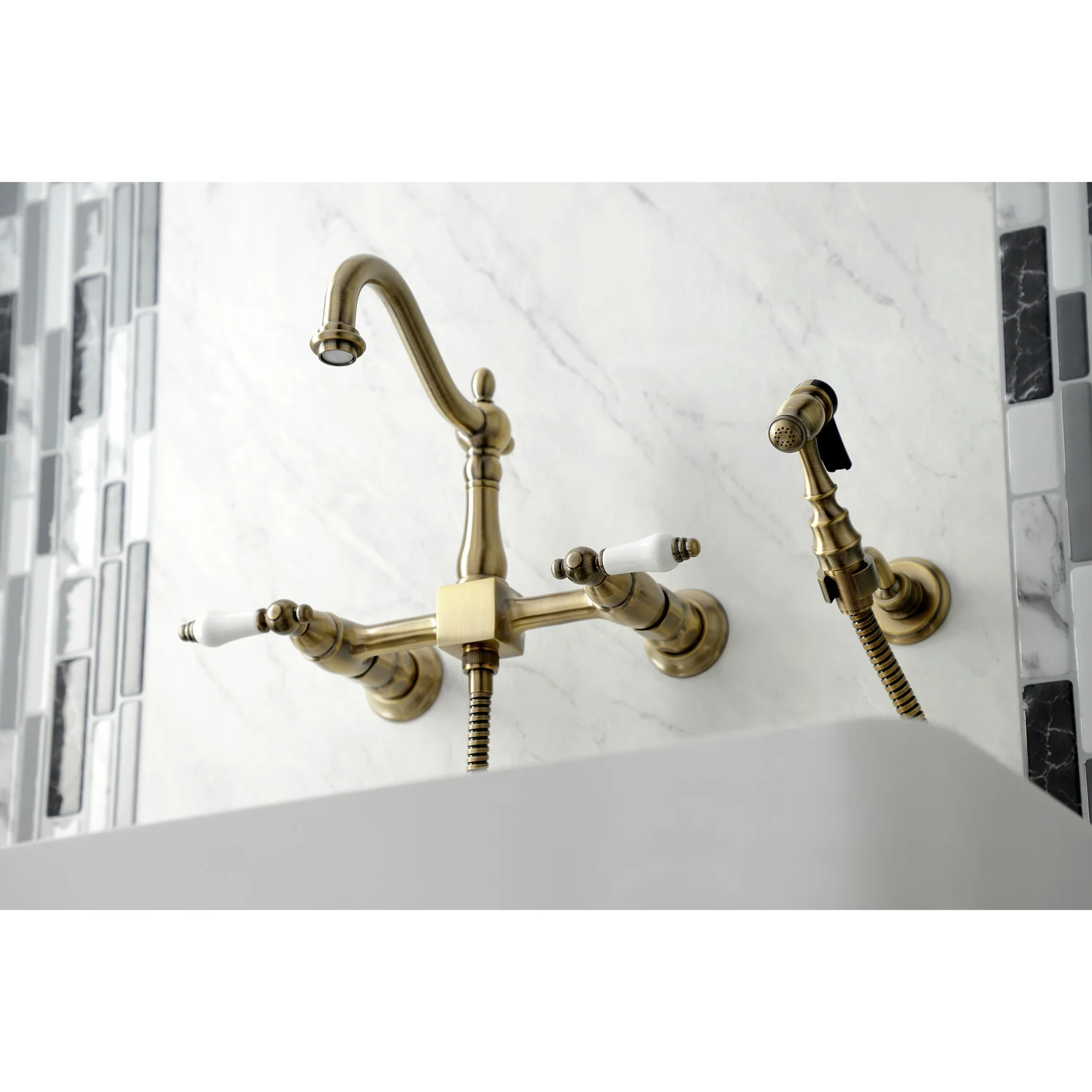 Kingston Heirloom KS1263PLBS - Heritage Two-Handle 3-Hole Wall Mount Bridge Kitchen Faucet with Brass Sprayer, Antique Brass - Image 7