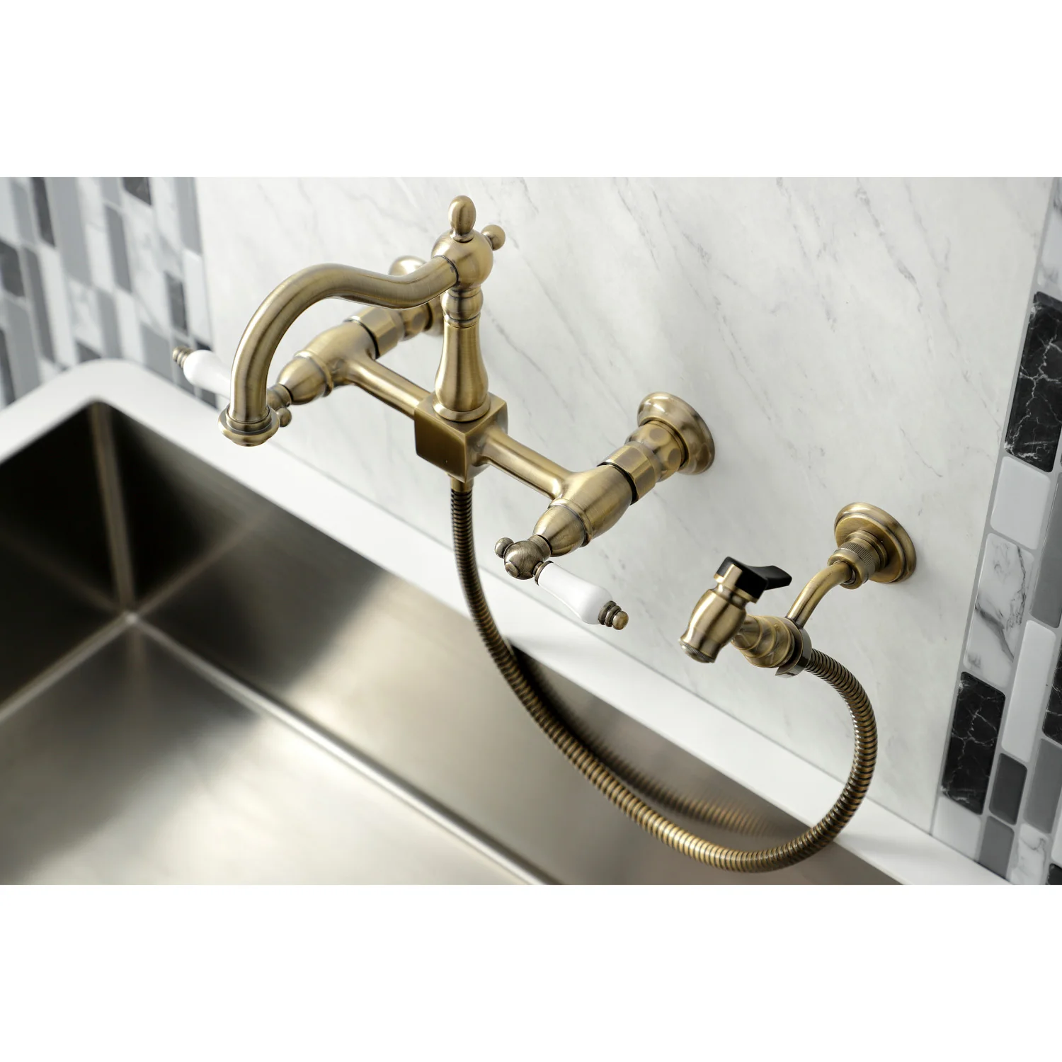 Kingston Heirloom KS1263PLBS - Heritage Two-Handle 3-Hole Wall Mount Bridge Kitchen Faucet with Brass Sprayer, Antique Brass - Image 8