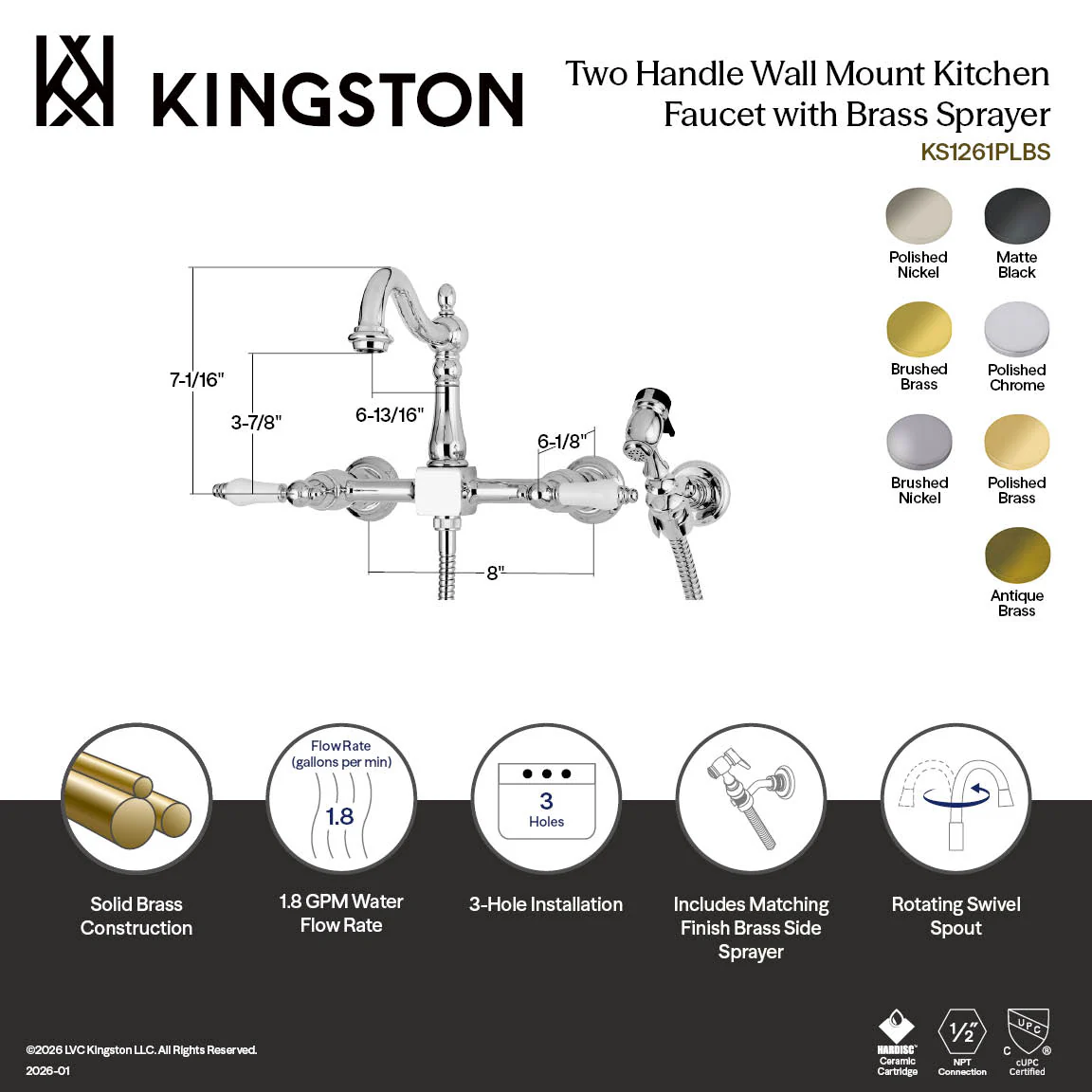 Kingston Heirloom KS1263PLBS - Heritage Two-Handle 3-Hole Wall Mount Bridge Kitchen Faucet with Brass Sprayer, Antique Brass - Image 9