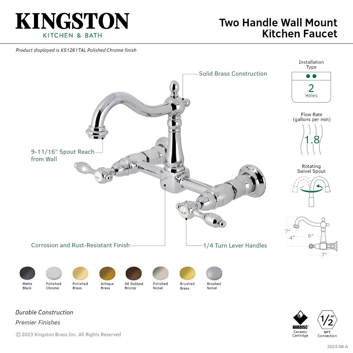 Kingston Heirloom KS1263TAL - Tudor Two-Handle 2-Hole Wall Mount Bridge Kitchen Faucet, Antique Brass - Image 2