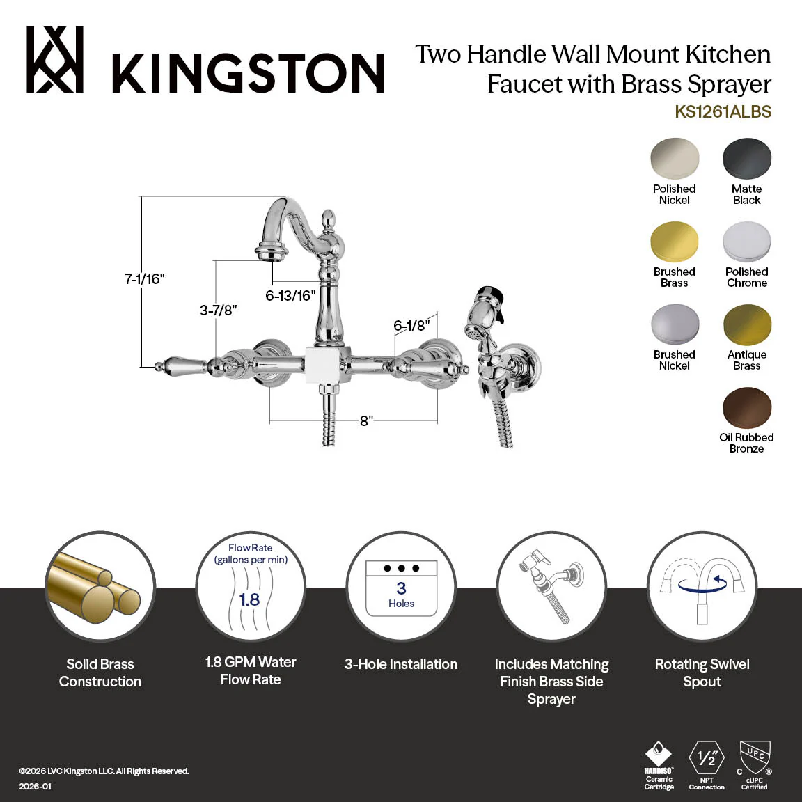 Kingston Heirloom KS1265ALBS - Heritage Two-Handle 3-Hole Wall Mount Bridge Kitchen Faucet with Brass Sprayer, Oil Rubbed Bronze - Image 10