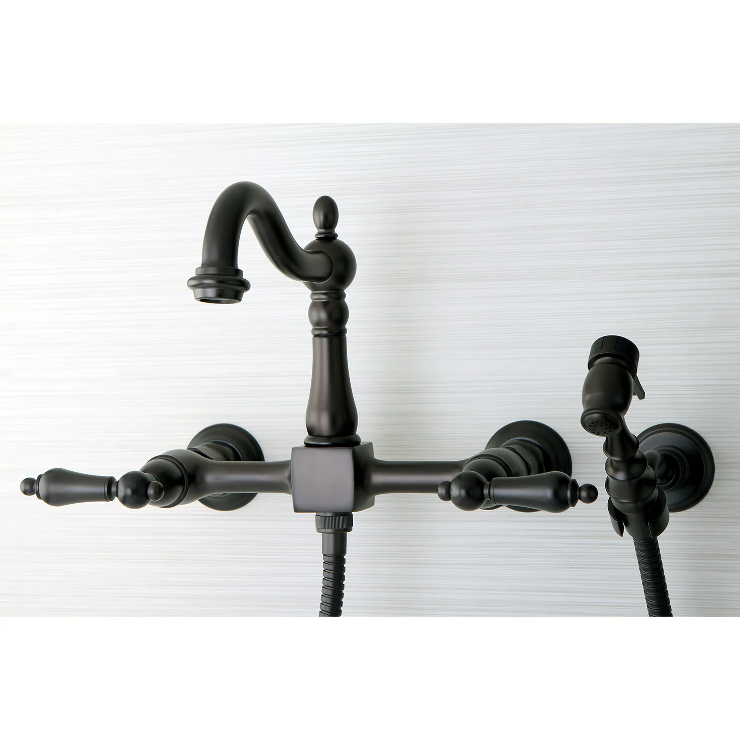 Kingston Heirloom KS1265ALBS - Heritage Two-Handle 3-Hole Wall Mount Bridge Kitchen Faucet with Brass Sprayer, Oil Rubbed Bronze - Image 2