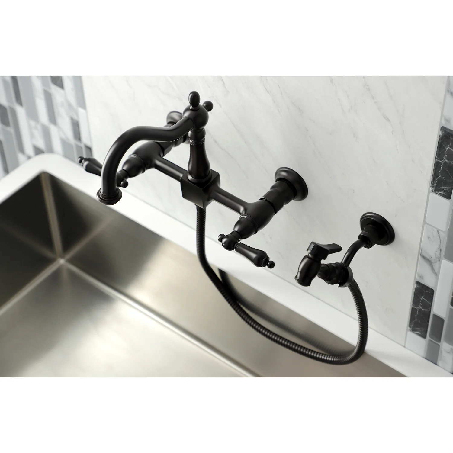 Kingston Heirloom KS1265ALBS - Heritage Two-Handle 3-Hole Wall Mount Bridge Kitchen Faucet with Brass Sprayer, Oil Rubbed Bronze - Image 8