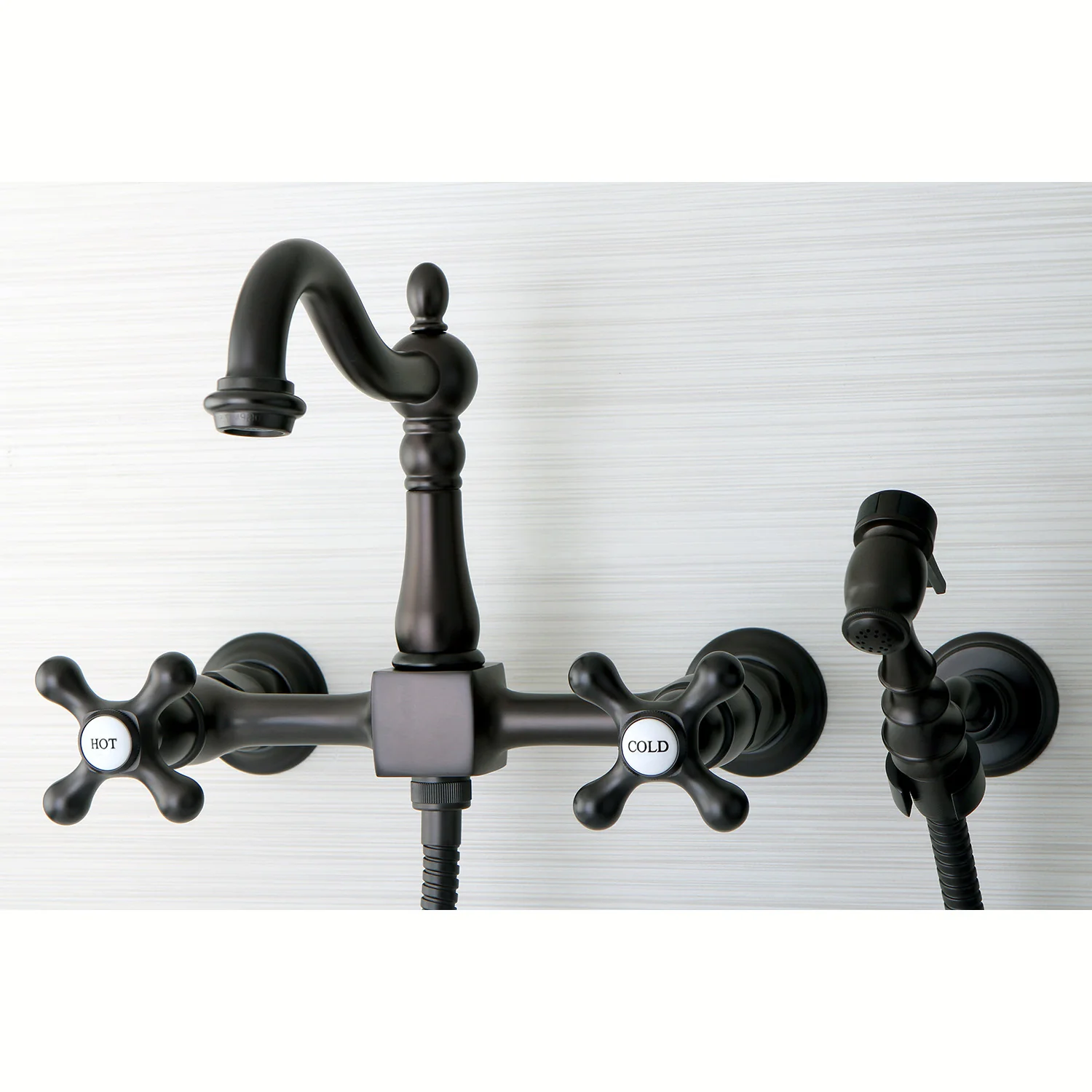 Kingston Heirloom KS1265AXBS - Heritage Two-Handle 3-Hole Wall Mount Bridge Kitchen Faucet with Brass Sprayer, Oil Rubbed Bronze - Image 2