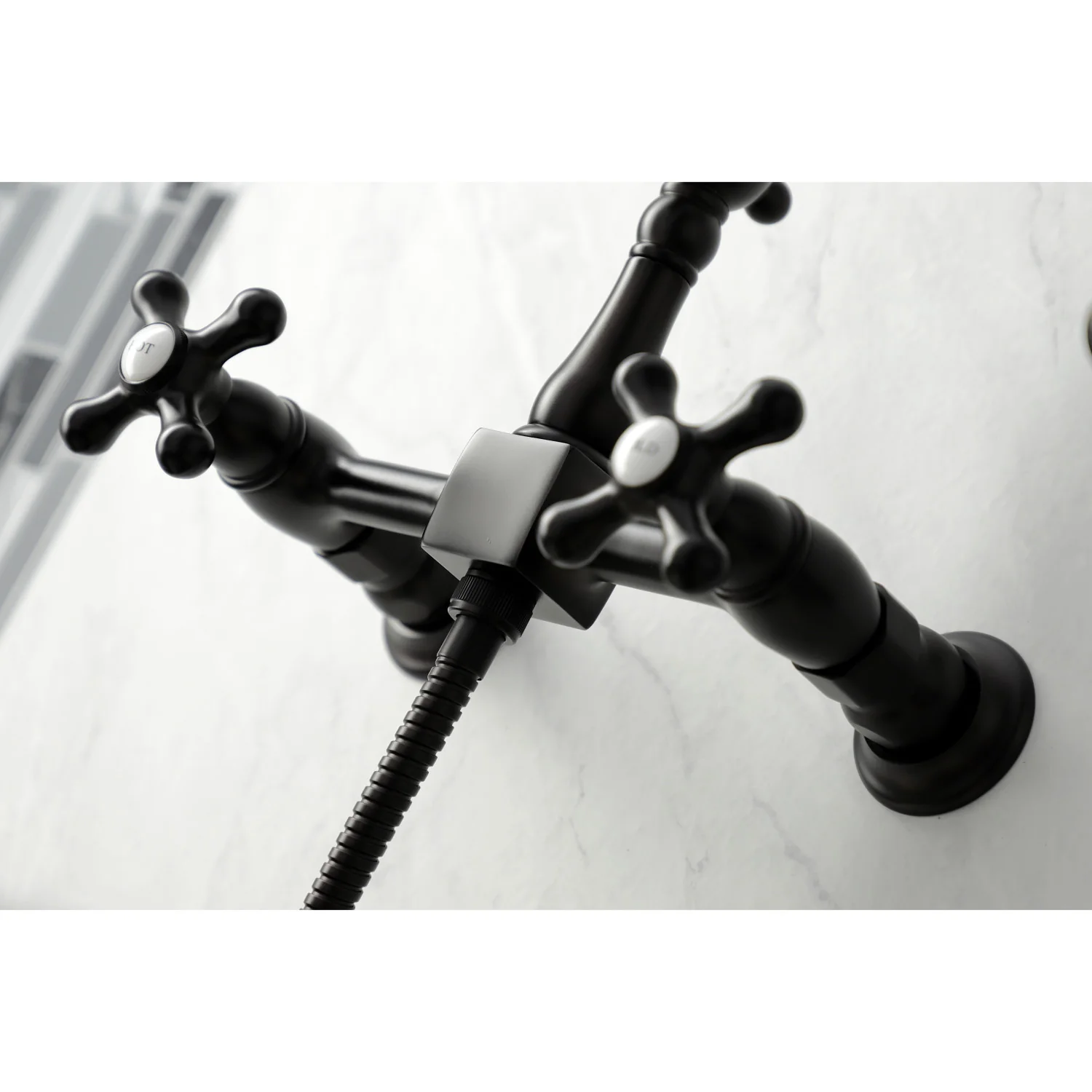 Kingston Heirloom KS1265AXBS - Heritage Two-Handle 3-Hole Wall Mount Bridge Kitchen Faucet with Brass Sprayer, Oil Rubbed Bronze - Image 4