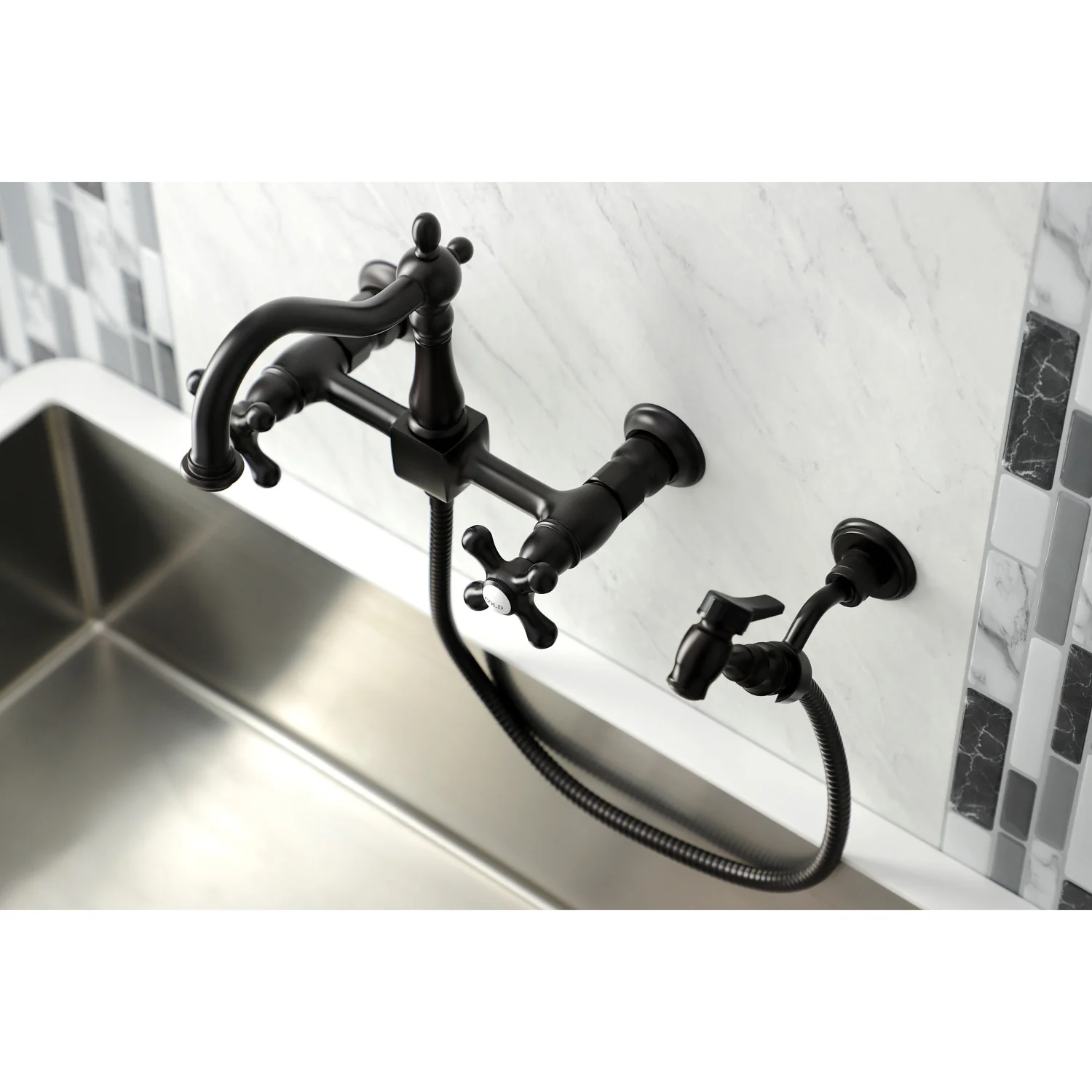 Kingston Heirloom KS1265AXBS - Heritage Two-Handle 3-Hole Wall Mount Bridge Kitchen Faucet with Brass Sprayer, Oil Rubbed Bronze - Image 7