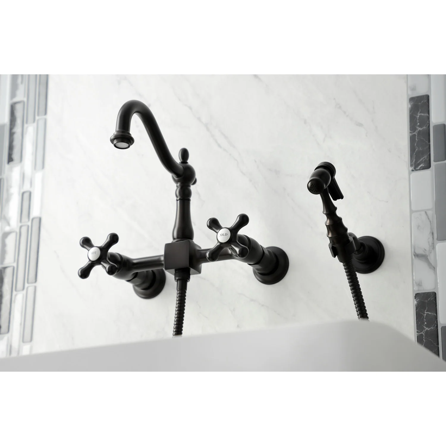 Kingston Heirloom KS1265AXBS - Heritage Two-Handle 3-Hole Wall Mount Bridge Kitchen Faucet with Brass Sprayer, Oil Rubbed Bronze - Image 9