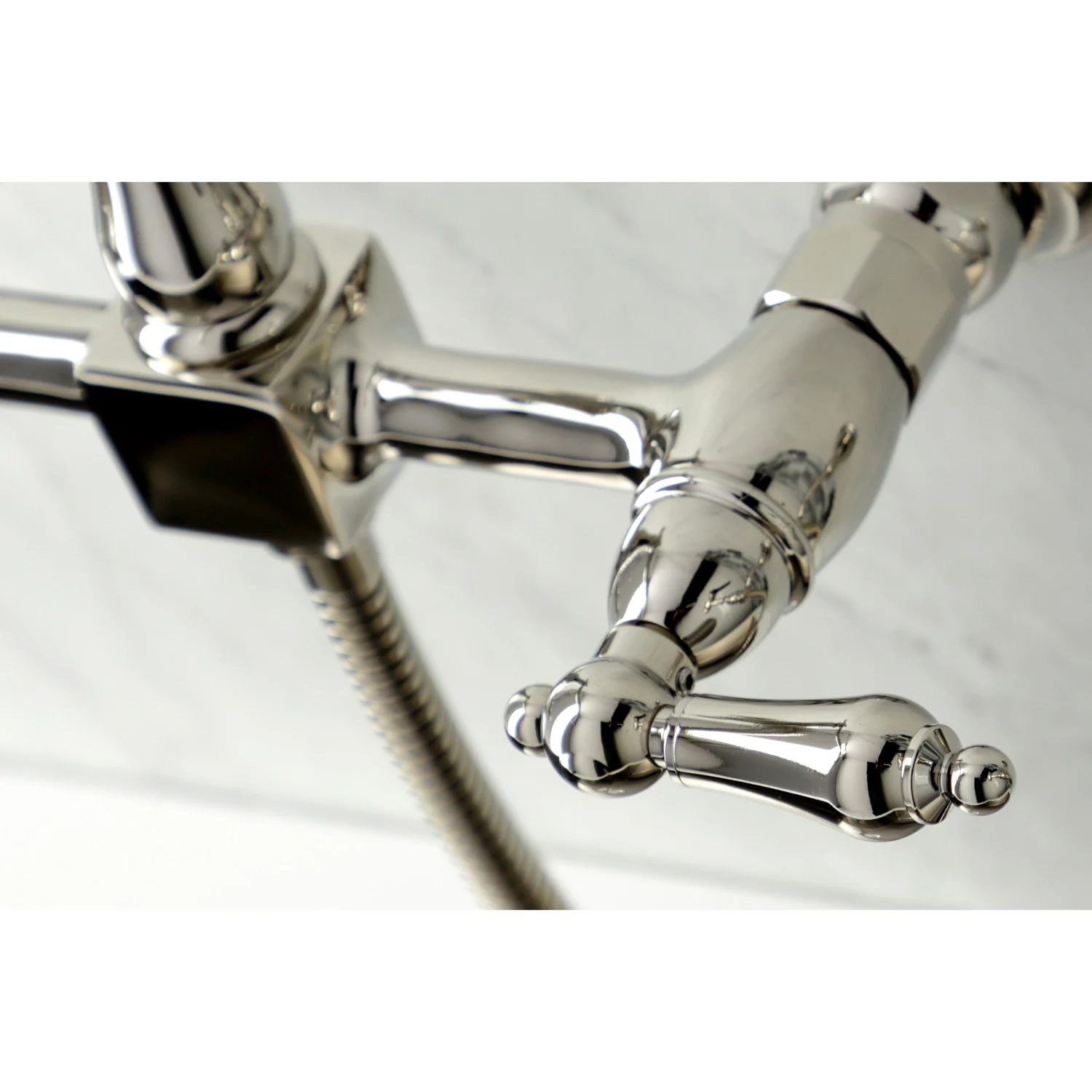 Kingston Heirloom KS1266ALBS - Heritage Two-Handle 3-Hole Wall Mount Bridge Kitchen Faucet with Brass Sprayer, Polished Nickel - Image 2