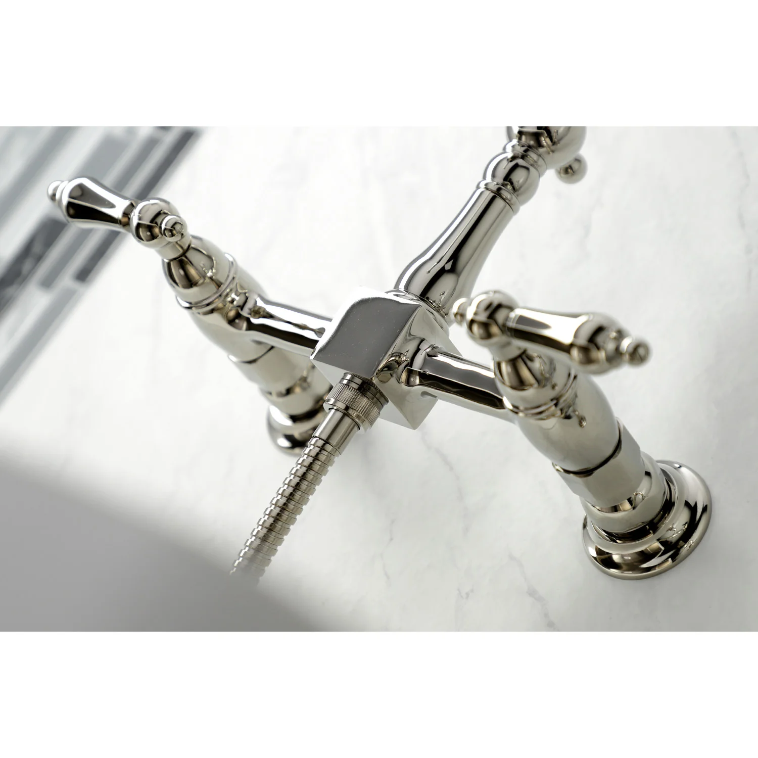 Kingston Heirloom KS1266ALBS - Heritage Two-Handle 3-Hole Wall Mount Bridge Kitchen Faucet with Brass Sprayer, Polished Nickel - Image 3