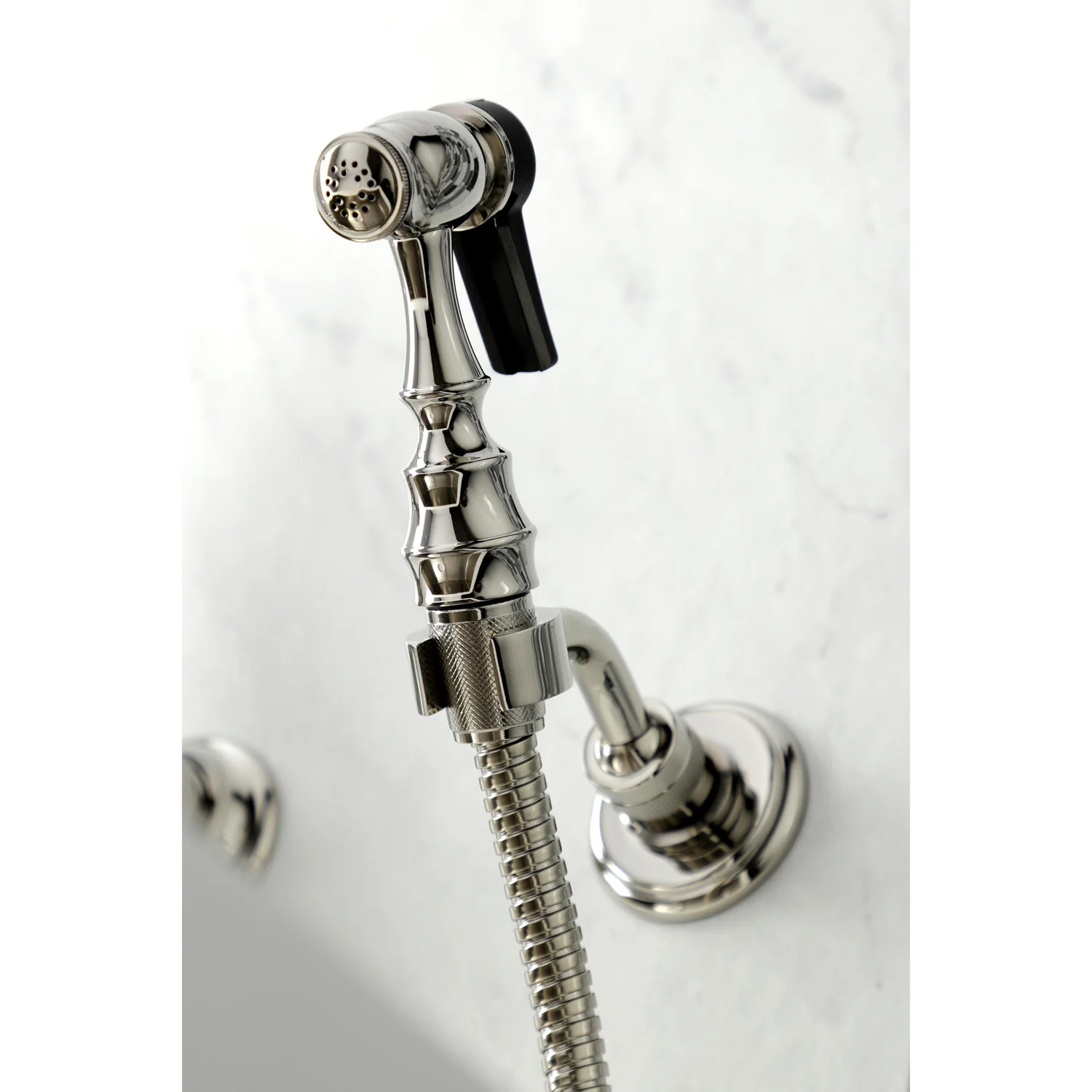 Kingston Heirloom KS1266ALBS - Heritage Two-Handle 3-Hole Wall Mount Bridge Kitchen Faucet with Brass Sprayer, Polished Nickel - Image 4