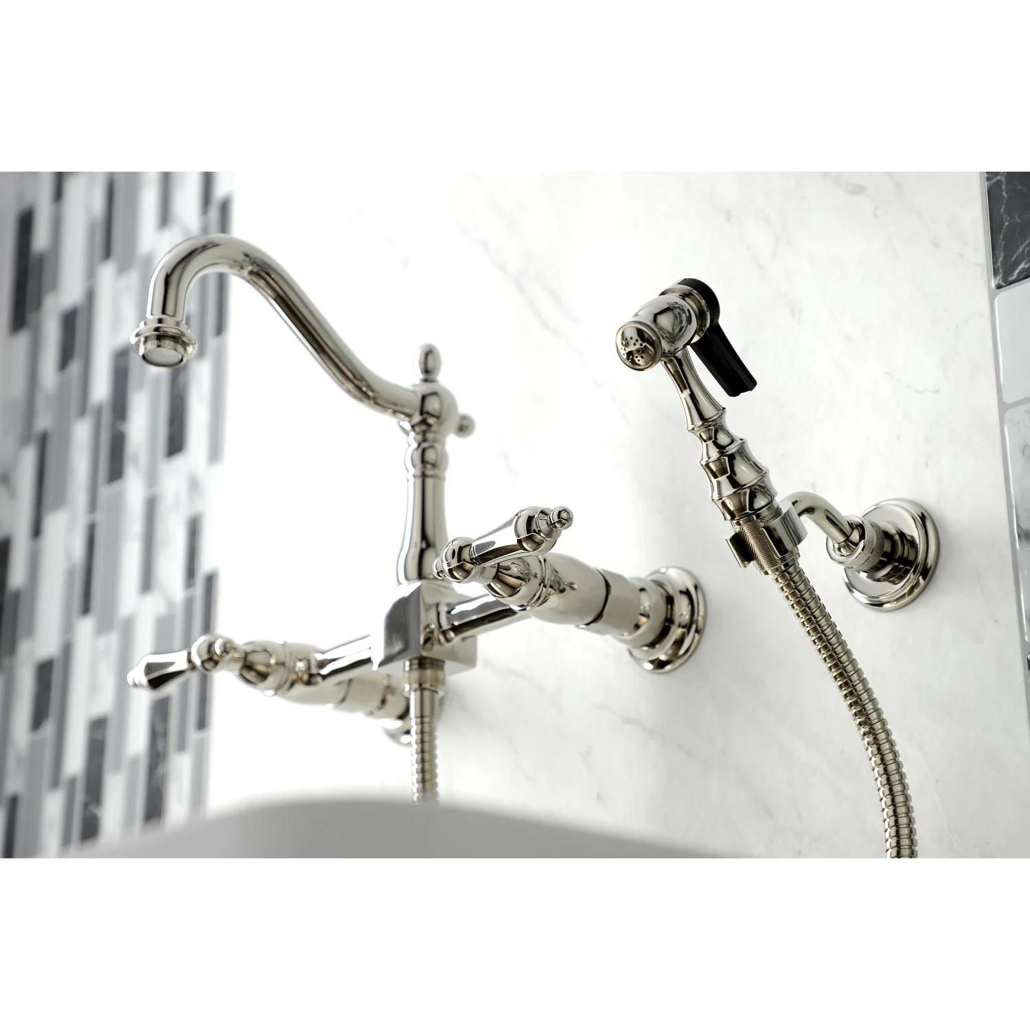Kingston Heirloom KS1266ALBS - Heritage Two-Handle 3-Hole Wall Mount Bridge Kitchen Faucet with Brass Sprayer, Polished Nickel - Image 6