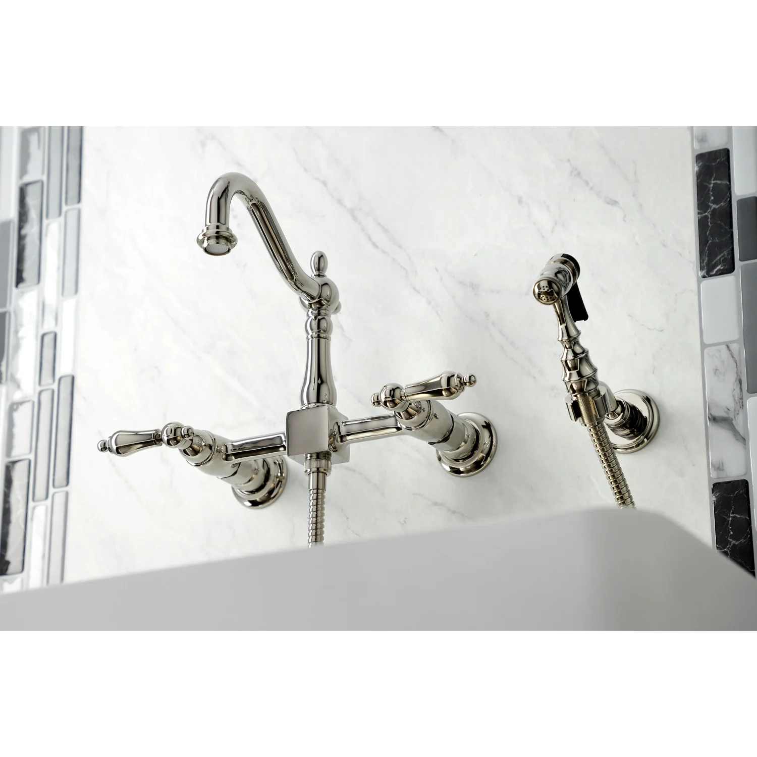 Kingston Heirloom KS1266ALBS - Heritage Two-Handle 3-Hole Wall Mount Bridge Kitchen Faucet with Brass Sprayer, Polished Nickel - Image 7