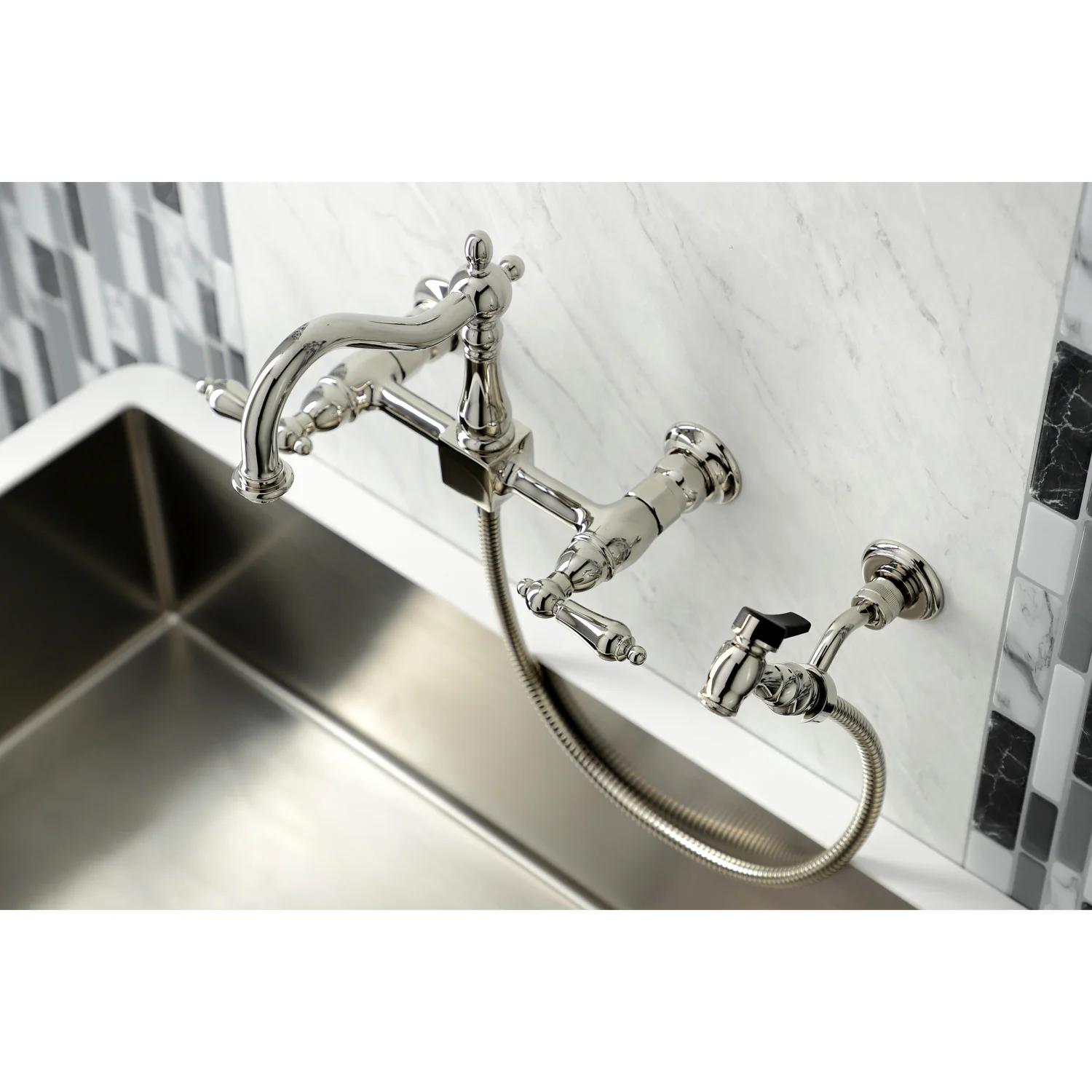Kingston Heirloom KS1266ALBS - Heritage Two-Handle 3-Hole Wall Mount Bridge Kitchen Faucet with Brass Sprayer, Polished Nickel - Image 8