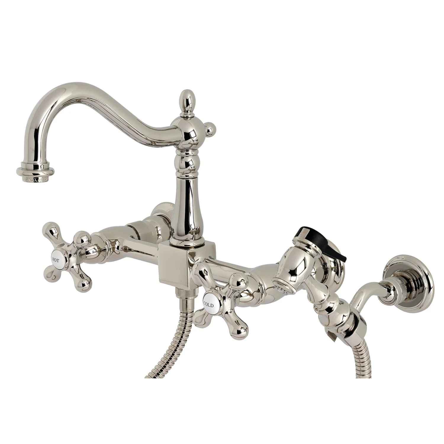 Kingston Heirloom KS1266AXBS - Heritage Two-Handle 3-Hole Wall Mount Bridge Kitchen Faucet with Brass Sprayer, Polished Nickel