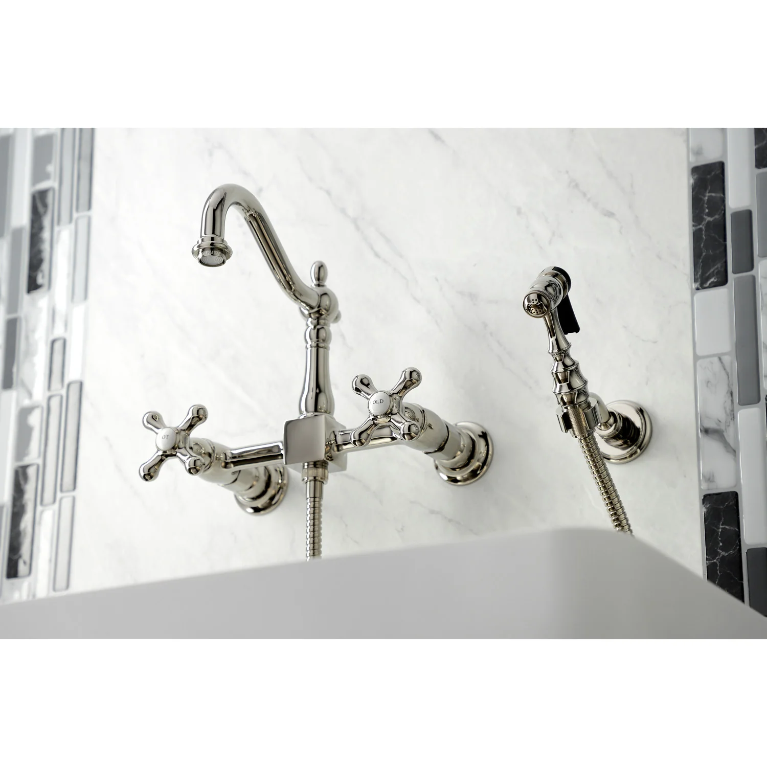 Kingston Heirloom KS1266AXBS - Heritage Two-Handle 3-Hole Wall Mount Bridge Kitchen Faucet with Brass Sprayer, Polished Nickel - Image 7