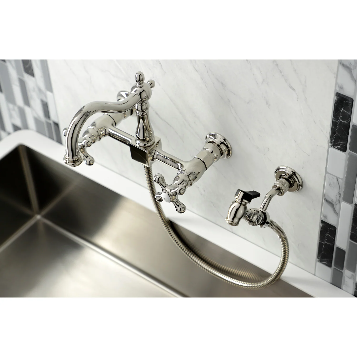 Kingston Heirloom KS1266AXBS - Heritage Two-Handle 3-Hole Wall Mount Bridge Kitchen Faucet with Brass Sprayer, Polished Nickel - Image 8